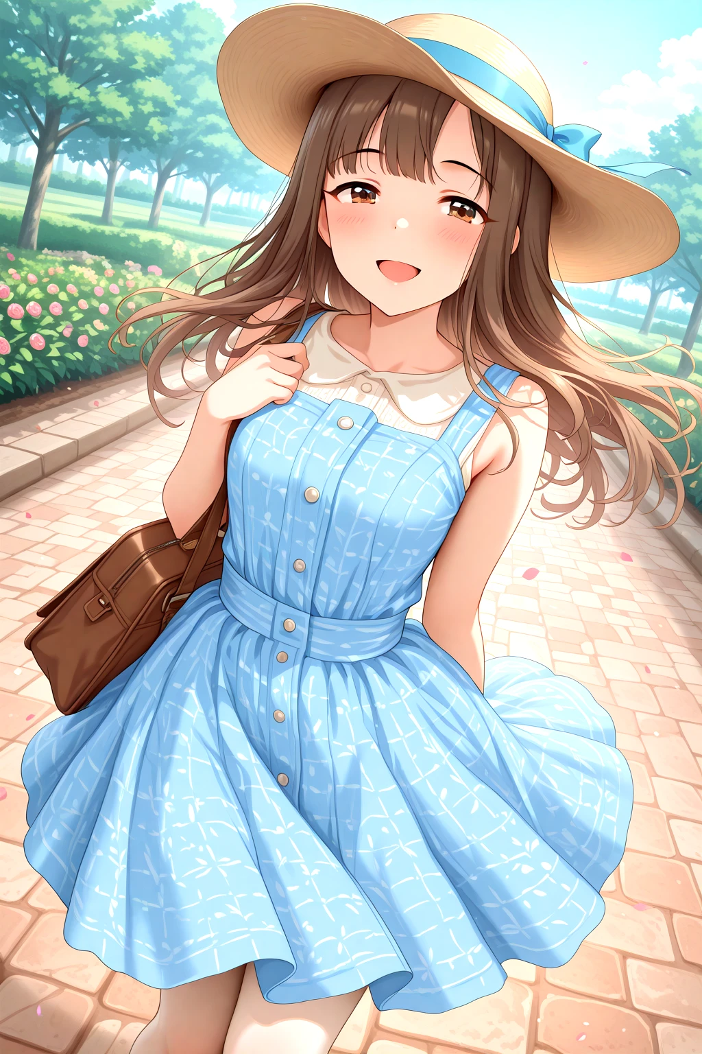 masterpiece, best quality, amazing quality, 1girl, solo, makeup, general, cowboy shot, looking at viewer, blush, dramatic angle, outdoors, smile, cobblestone, rose garden, flower, sky, day, open mouth, rose petals, falling petals, wind, <lora:Mizumoto_Yukari_Cinderella:1>, Mizumoto_Yukari_Cinderella, long hair, brown hair, brown eyes, breasts, blunt bangs, white blouse, jsk dress, sleeveless dress on blouse, blue plaid dress, summer hat, white pantyhose, mary janes, ribbon trim, holding brown school bag, <lora:wai-A3-V140:1>, <lora:illustrious_noobai_epsilon_pred_1_masterpieces_v1:1>