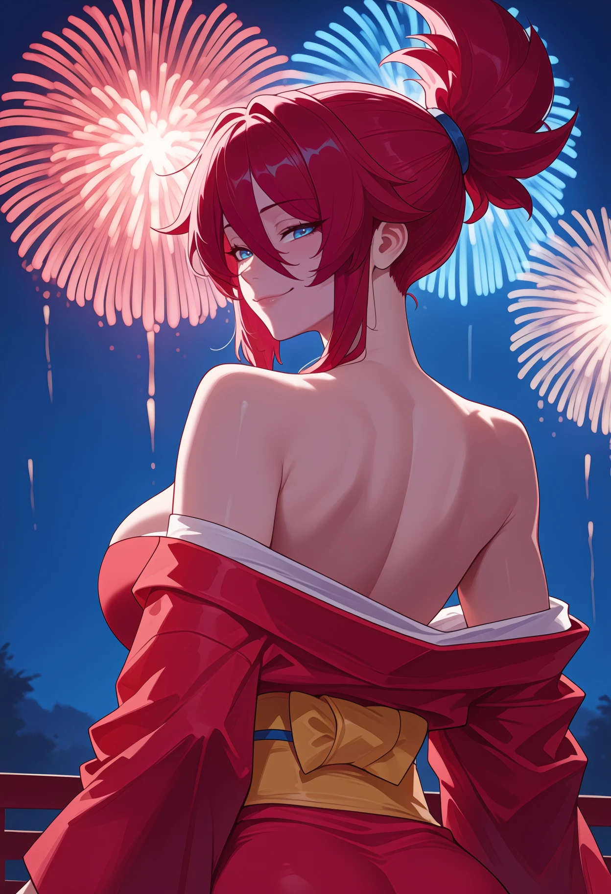 (Professional color photography:1.3), (POV from infront angled view), (1 skinny human woman), (infront of a river:1.3), (kimono loosely slipping around her shoulders:1.3), (firework festival:1.3), 8k res, anime, (beautiful:1.3), (seductive smug look:1.2), (massive busty perfect breasts), (round breasts), dynamic angle, (bright fireworks:1.3), (super cute:1.2), (pink hair), daydream lighting, sharp shadows, (european woman:1.3), short woman, (full deep cleavage), glossy eyes, glossy hair, glossy skin, (grin), sharp image, no bra, fit stomach, neck glitter.