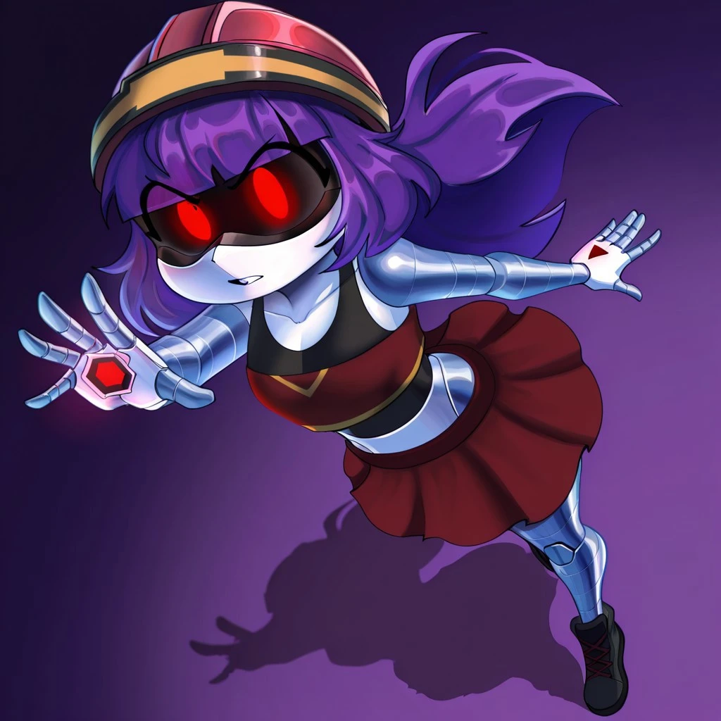 detailed, masterpiece, best quality, high quality, amazing quality, highres, newest, absurdres, solo,
Darky2122,
D0ll, Purple Hair, Red Eyes, glowing eyes, Robot, black Visor, red helmet, Red Crop Top, Black tank top, red skirt, dynamic angle, dynamic pose, dramatic shadow, absolute solver on hand,