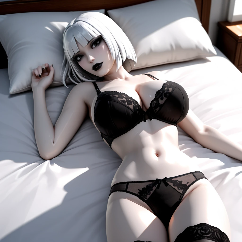 (masterpiece, best quality, (poor lighting:1.2)), skinny girl, lying on the bed, white sheet, (white pillow:1.2), (white panties:1.2), white silk nightgown, small breasts, white bra, disheveled hair, (very white skin:1.2), white hair, (black tattoo:1.2), (white iris of the eyes:1.2), (bedroom, a bed with a sheet in the background)