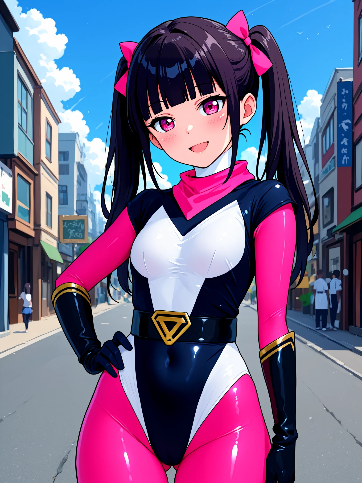 1girl, solo, hanan0kun0ichigumi, shiny clothes, (spandex:1.5), white neck, covered neck, bodysuit under clothes, pink bodysuit, pink scarf, <lora:Hana_no_Kunoichi_Gumi_IL:1>, BREAK,
two-tone leotard, black leotard, white leotard, highleg leotard, elbow gloves, black gloves, gold trim, belt, black belt, BREAK,
black hair, (blunt bangs:1.5), (long sidelocks:1.5), twintails, hair bow, pink bow, pink eyes, small breasts, BREAK,
smile, open mouth, blush, looking at viewer, BREAK,
hand on own hip, arm at side, covered navel, ass visible through thighs, thick thighs, cowboy shot, BREAK,
outdoors, city, street, blue sky, cloudy sky