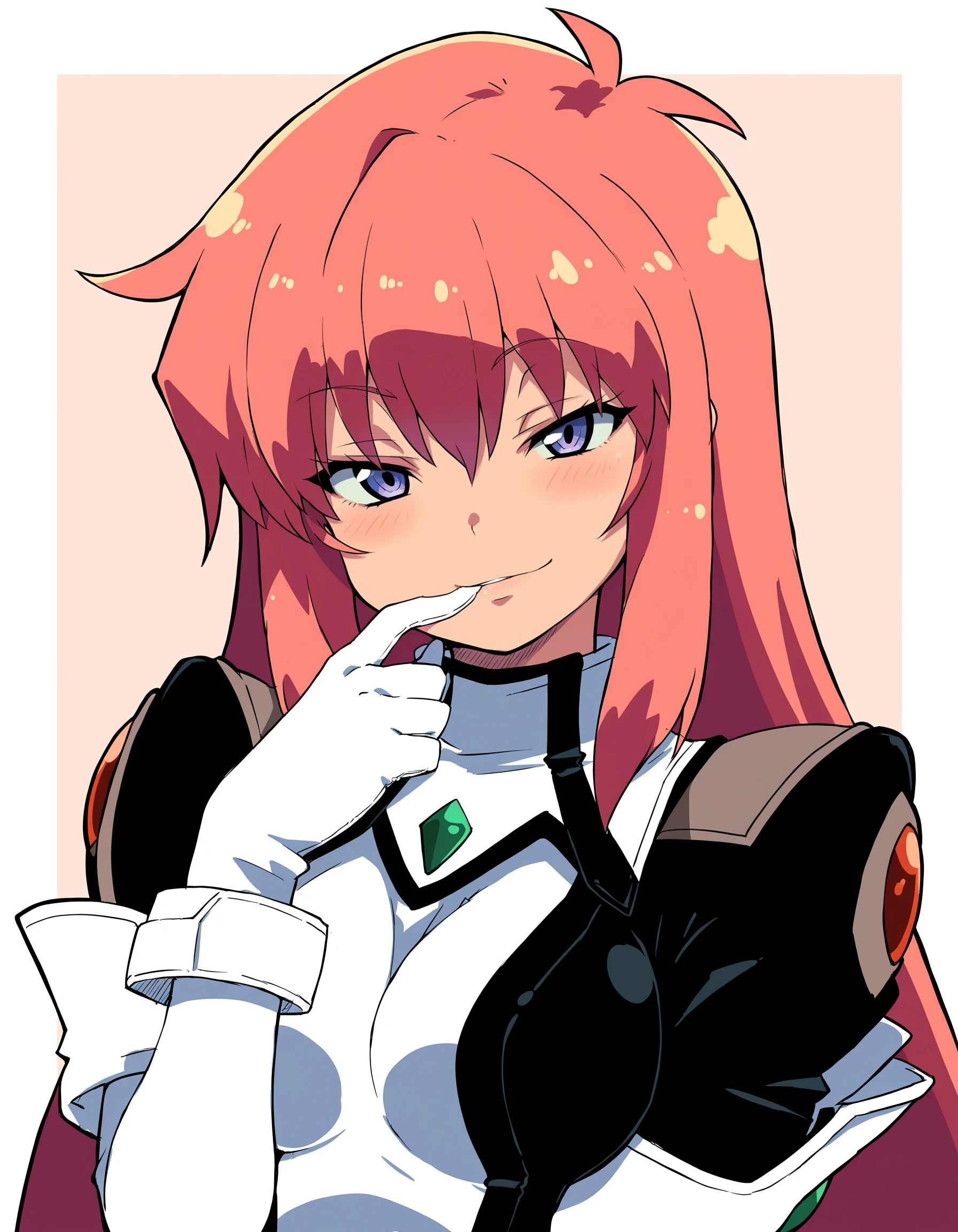 masterpiece, best quality, absurdres, border,
1girl, smirk, (elhaym van houten:0.4), finger on mouth,
<lora:ザンクロー_artstyle:0.8>jpartist37artstyle