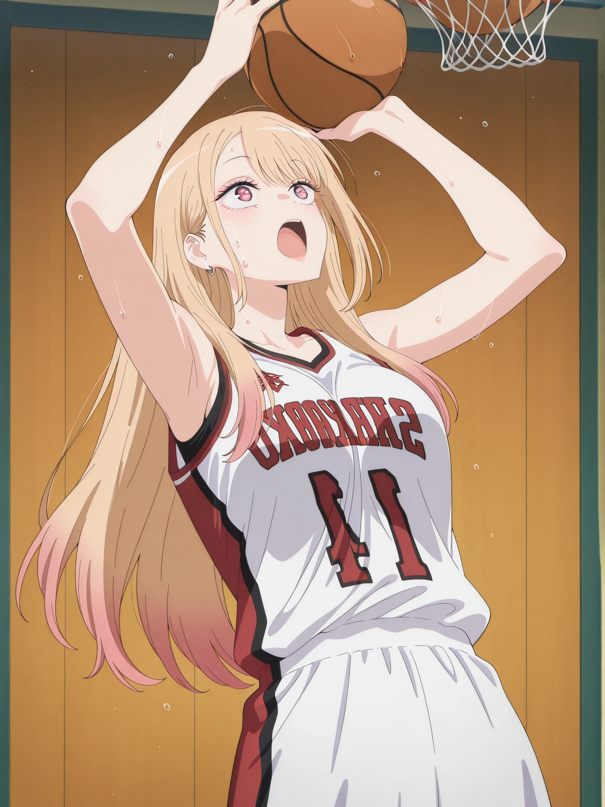 realistically, high resolution, soft light, fair, Tempting, Sexy, White Americans, 18 years old, Tall and thin, Wearing USC volleyball uniform, stand completely, in the gym, face camera, 8K, masterpiece, masterpiece,