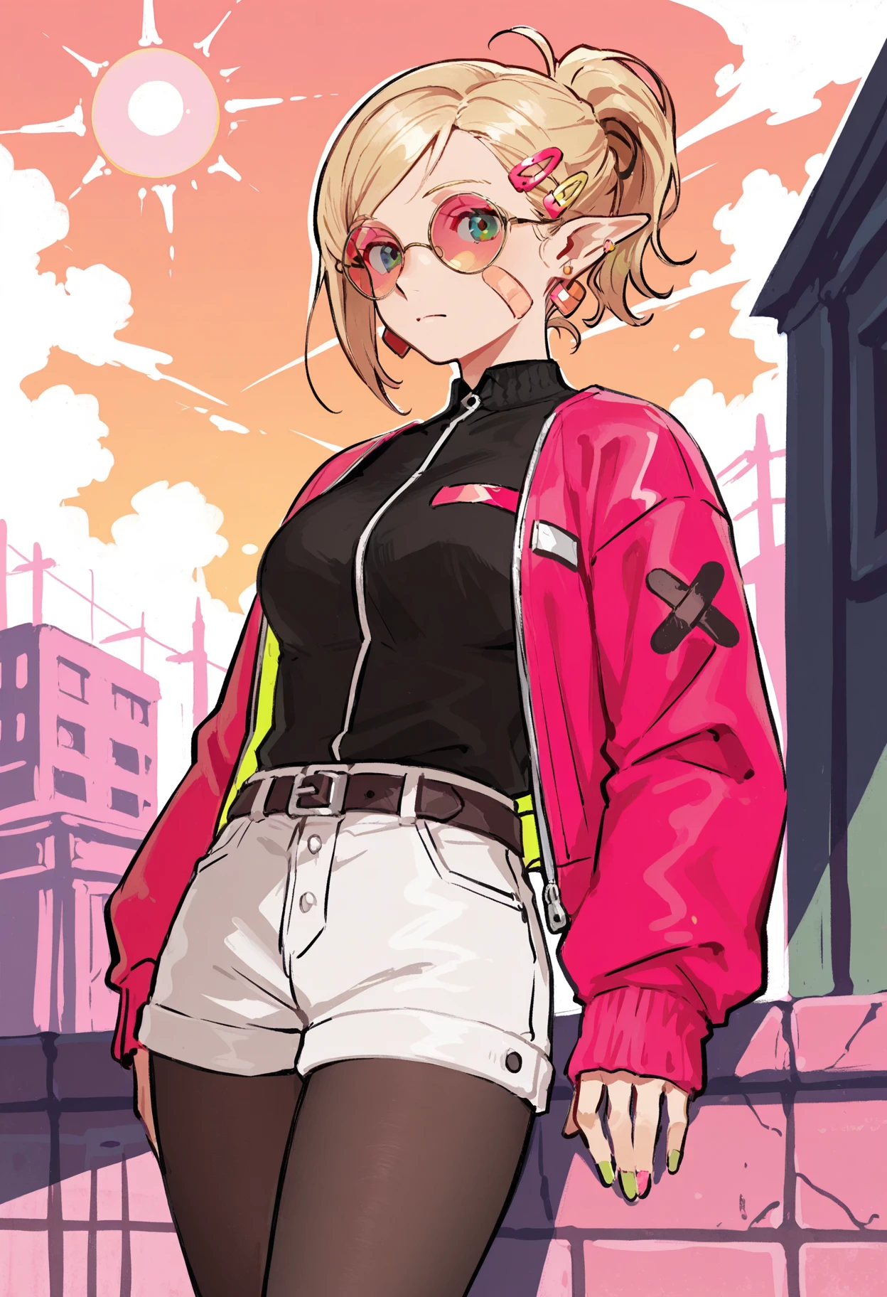 solo,
1girl, pointed ears, blonde, green eyes, medium breasts, short bang ponytail,
pink jacket, hair ornament, jewelry, round eyewear, tinted eyewear, belt, red jacket, hairclip, earrings, bandaid, black pantyhose, white shorts, sleeves past wrists, black shirt,
looking at viewer,
street background, sun, clouds,
masterpiece,best quality,amazing quality,  <lora:Redakanekocat-_style:1>, redakanek0ca1style3, line art,