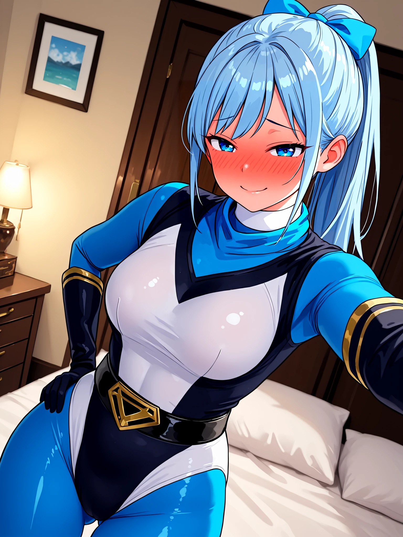 1girl, solo, hanan0kun0ichigumi, shiny clothes, (spandex:1.5), (white neck:1.2), (covered neck:1.1), (bodysuit under clothes:0.7), (aqua bodysuit:1.2), aqua scarf, <lora:Hana_no_Kunoichi_Gumi_IL:1>, BREAK,
(two-tone leotard, black leotard, white leotard, highleg leotard:0.7), (elbow gloves:0.8), black gloves, gold trim, black belt, BREAK,
swept bangs, aqua hair, sidelocks, long ponytail, long hair, straight hair, hair bow, aqua bow, blue eyes, medium breasts, BREAK,
raised inner eyebrows, full-face blush, half-closed eyes, (smile:1.2), closed mouth, wavy mouth, looking at viewer, BREAK,
selfie, reaching towards viewer, hand out of frame, BREAK,
hand on own hip, ass visible through thighs, BREAK,
from above, dutch angle, indoors, hotel, bed