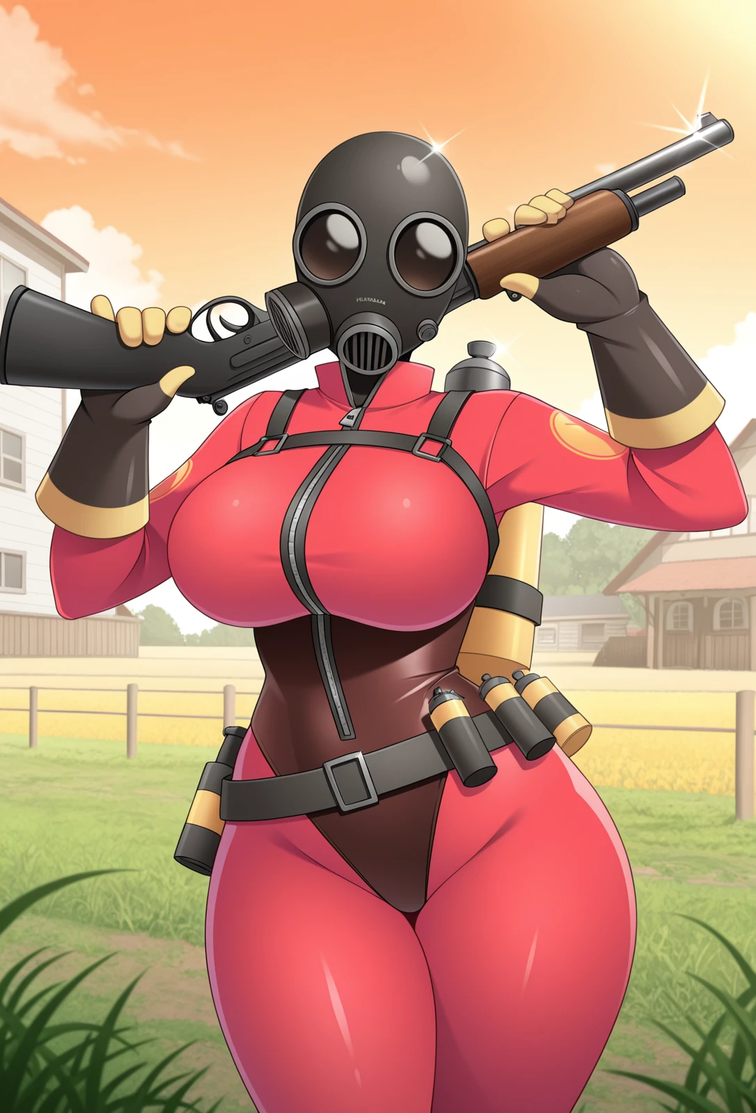 1girl, solo, gas mask, mask, gloves, thighhighs, belt, harness, boots, red bodysuit, skin tight, zipper, pose, high detail, high resolution, raw photo, outside on farm, cleavage, (running), hot, breath, sweat