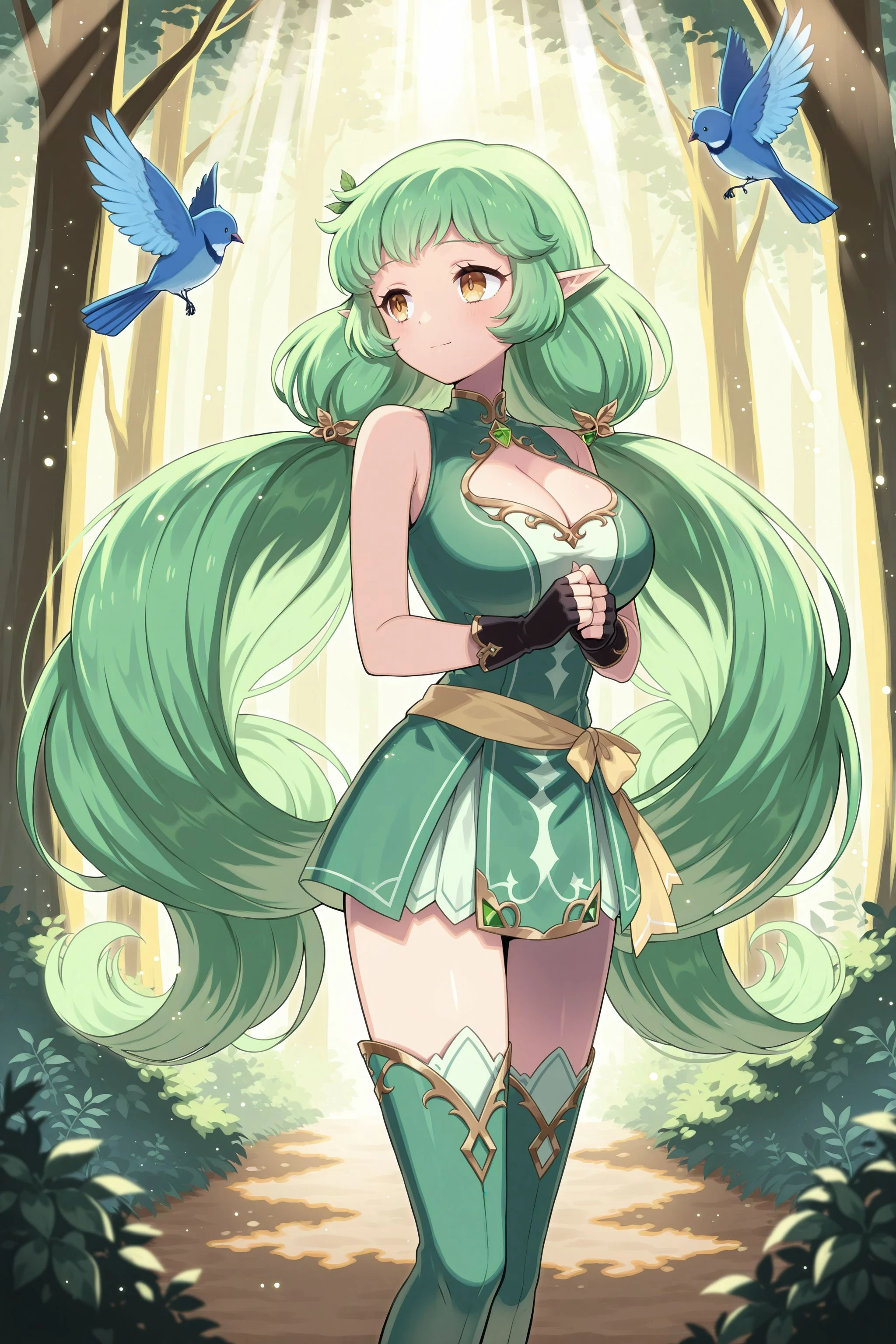 (masterpiece), best quality, expressive eyes, perfect face, Dryad, ((green big-afro)),
BREAK,
Very Huge breasts, small waist, green skin, full body,
BREAK,
Off-the-shoulder body-con dress crafted from sheer fabric, adorned with strategically placed leaves and vines, complemented by leafy cuffs and anklets for a sensual revealing dryad look, white stockings, high heels,
BREAK,
(wild natural scenario), (((surrounded by colorful flowers))),