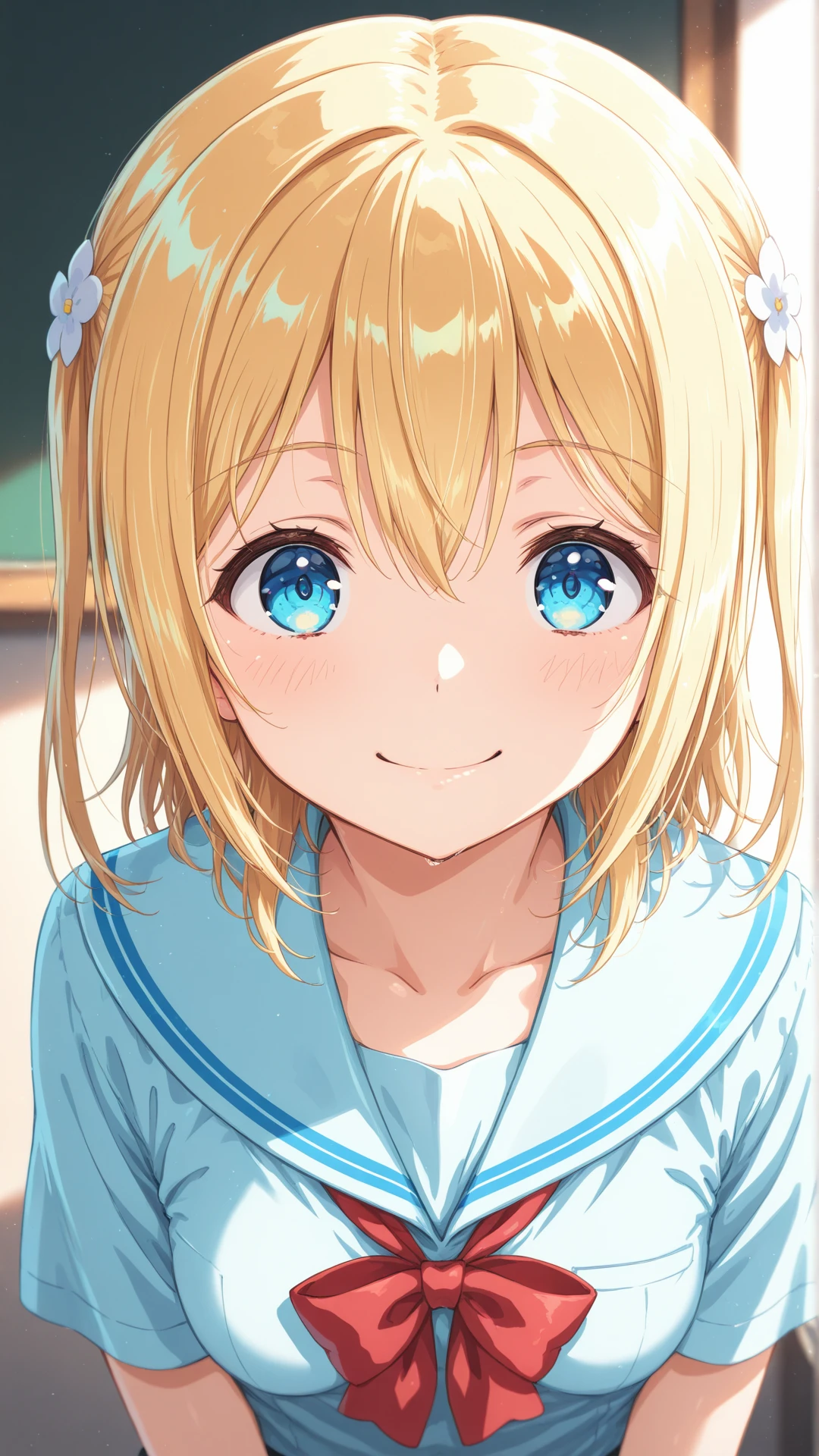 face close_up,from front,looking at viewer, happy,
<lora:chika_IL:1> chika, blonde hair, blue eyes,small breasts,school uniform, 
beautiful detailed eyes BREAK
score_9,score_8_up,score_7_up,score_6_up,(ultra detailed:1.4), (high quality:1.3), (masterpiece:1.4),amazing quality,very aesthetic,absurdres,Highly detailed illustration,Artstation style,elegant,sharp focus,cinematic lighting