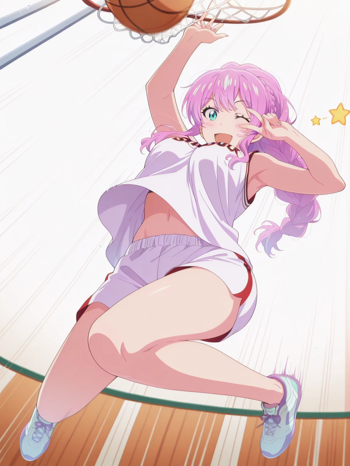 1girl, bimbo, black eyebrows, huge , skimpy clothing,(((gyaru))), cyan eyes, (star pupils), blue short skirt, red bow ribbon, white collar shirt, loose clothing, large loose socks, gyaru socks, brown flats, Score_9,Score_8,score_7_up,source_anime, rating_questionable, ((detailed face)) kaede hozuki, shiny skin, peace sign