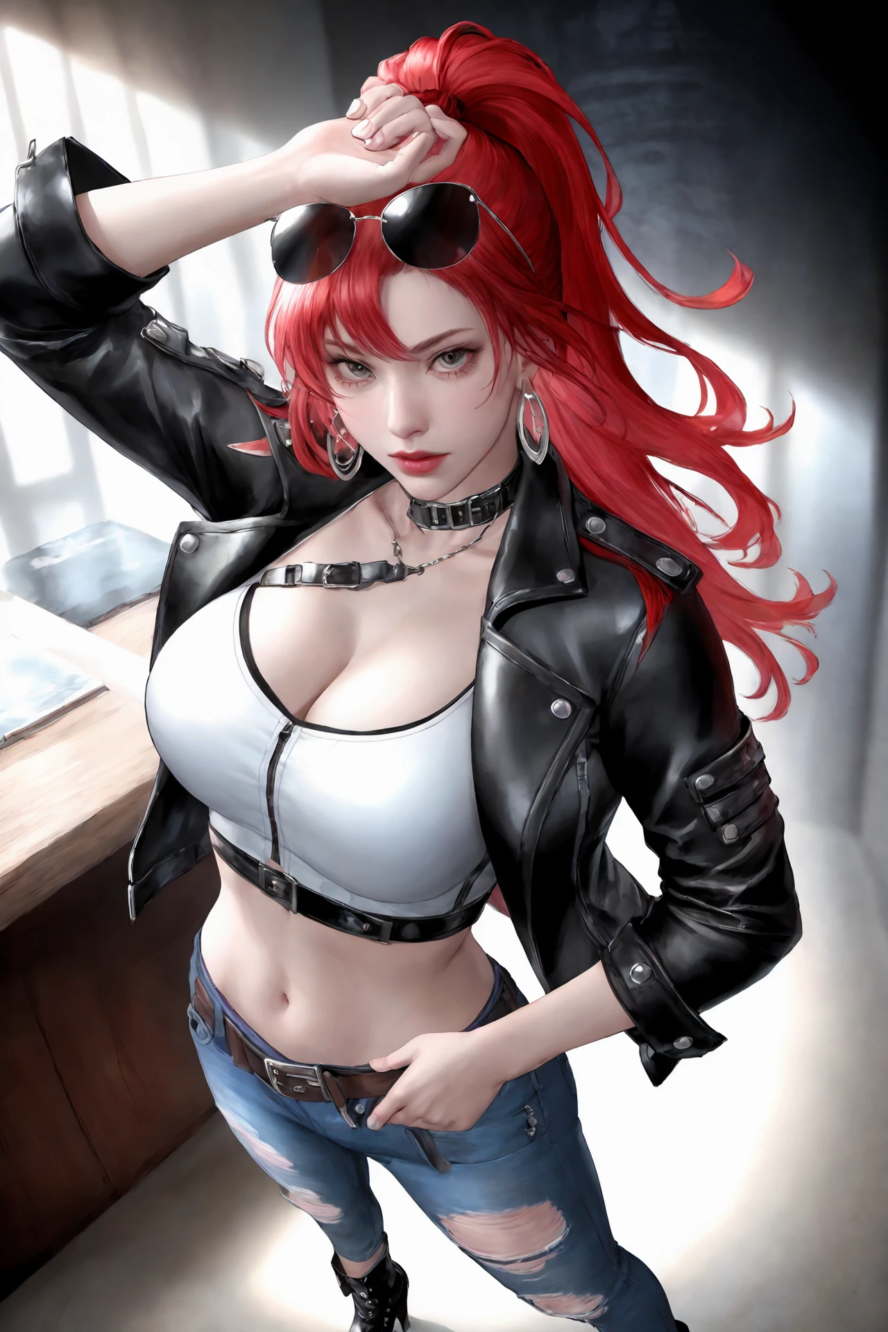 Long hair, red hair, yellow eyes, crop top, midrif, torn shorts, short jacket, black jacket, big breasts