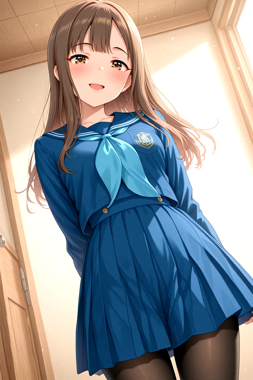 masterpiece, best quality, amazing quality, 1girl, solo, makeup, general, cowboy shot, looking at viewer, blush, dramatic angle, smile, open mouth, <lora:Mizumoto_Yukari_Cinderella:1>, Mizumoto_Yukari_Cinderella, long hair, brown hair, brown eyes, breasts, blunt bangs, school uniform, pleated skirt, shoes, blue skirt, black pantyhose, blue serafuku, loafers, <lora:wai-A3-V140:1>, <lora:illustrious_noobai_epsilon_pred_1_masterpieces_v1:1>