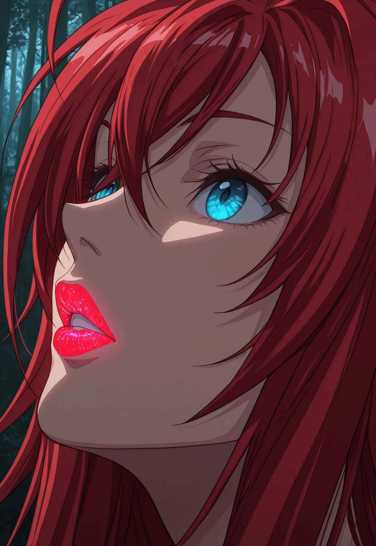 (((ultra detailed, masterpiece, high quality, face view, parted lips)))
, 
((( Glolipmb2, lipstick, glowing lipstick,)))
,
((( 1girl, solo, )))
,
((( aarias, long hair, red hair, ahoge, blue eyes, )))
,
((( outdoors, forest)))
,
((( )))

((( )))