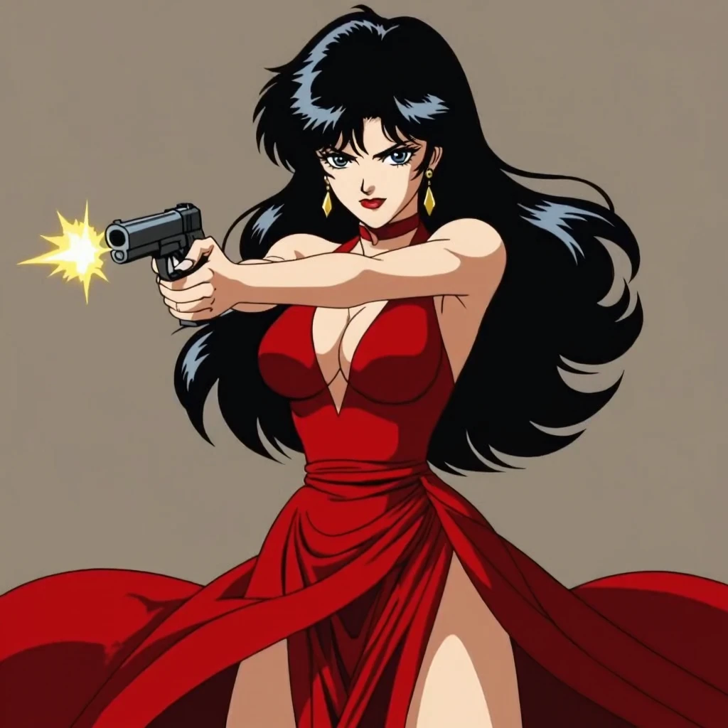 a woman with blue hair , Ai-Mitsu, anime art style, 
Sophine,1girl,black hair,longhair,blue eyes,red_lips_,
red jacket, blush, lipstick, jewelry, earrings, tattoo, Hot girl, baddie, staring, glaring, bad attitude, mean girl, dare, angry, hate, crazy, smoking, sensual, attractive,s , blush, lipstick, outdoors, rooftop, cityscape, building, railing, night, night sky, scenery, , city lights, masterpiece, best quality, highly detailed, a girls with a gun,  blazer, sexy gaze, (nsfw) not
safe for work, badass pose , evil smile, smile, black bra, anime girl with long hair, long haired girl,
navel, evil expression, exposed belly, exposed navel, exposed midriff, exposed lower belly, micro
miniskirt, micro pencil skirt, pencil skirt ,holding a gun, 