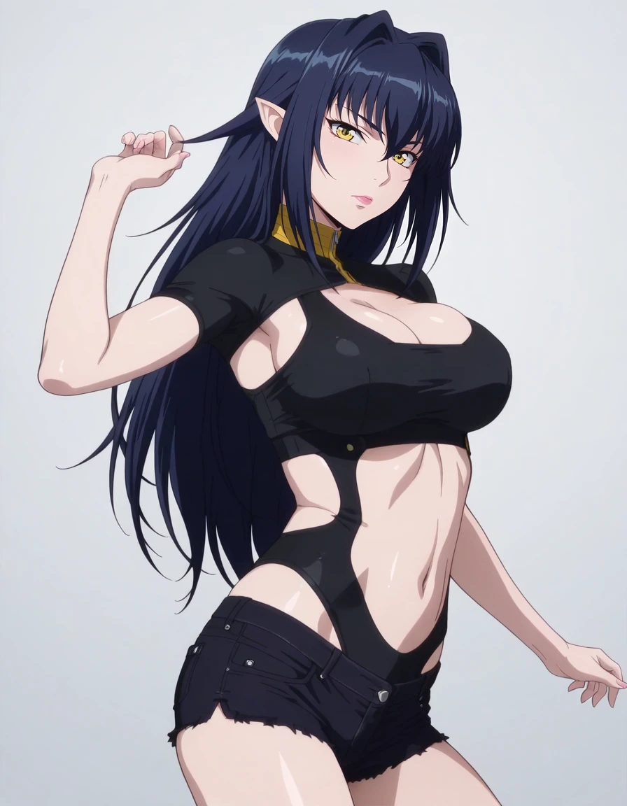 (extremely detailed CG unity 4k wallpaper),(masterpiece),(best quality),(ultra-detailed),(best illustration),(best shadow),(absurdres),(detailed background) <lora:OGT_Great_Jahy-v1:1> Jahy, 1girl, solo, breasts, long hair, dark skin, dark-skinned female, thighhighs, boots, full body, shorts, thigh boots, yellow eyes, braid, navel, o-ring, purple hair, looking at viewer, black footwear, hair flaps, o-ring top, short shorts, medium breasts, standing, very long hair, single braid, :3, black shorts, smile, halterneck, closed mouth
