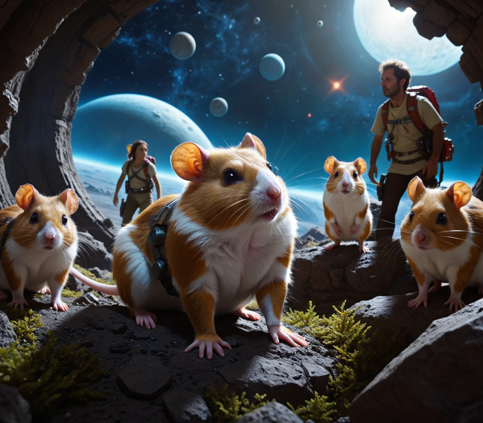 (Midjourney style:1.5), (cinematic masterpiece), High Fantasy, hyper-realistic, cinematic color grading, fine details, vivid colors, A wild looking (Hamster Anthro girl), a group of explorers discovering a lost civilization on a distant planet, a colony on a distant planet struggles for survival, Highly detailed background, creative composition, intricate details, epic, movie still