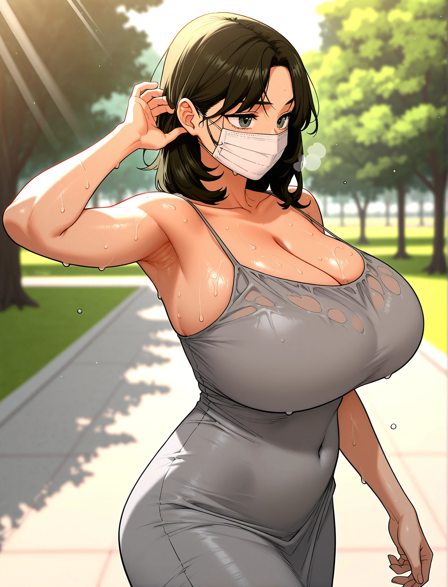 (8K, Raw photo, realistic:1.25), table top, highest quality, figure, Super detailed, delicate details, High resolution, 8k wallpaper, 完璧なダイナミックな構figure, detailed and beautiful eyes, natural lip, (Sexy gray knitted dress:1.3), (((huge breasts :1.2, and saggy breasts:1.1))), cleavage, perfect shiny skin, perfect skin, (((glossy white skin))), moist lips, innocent big eyes, fine eyes, walk, (Wearing a mask:1.2)、dim road、field、全身figure