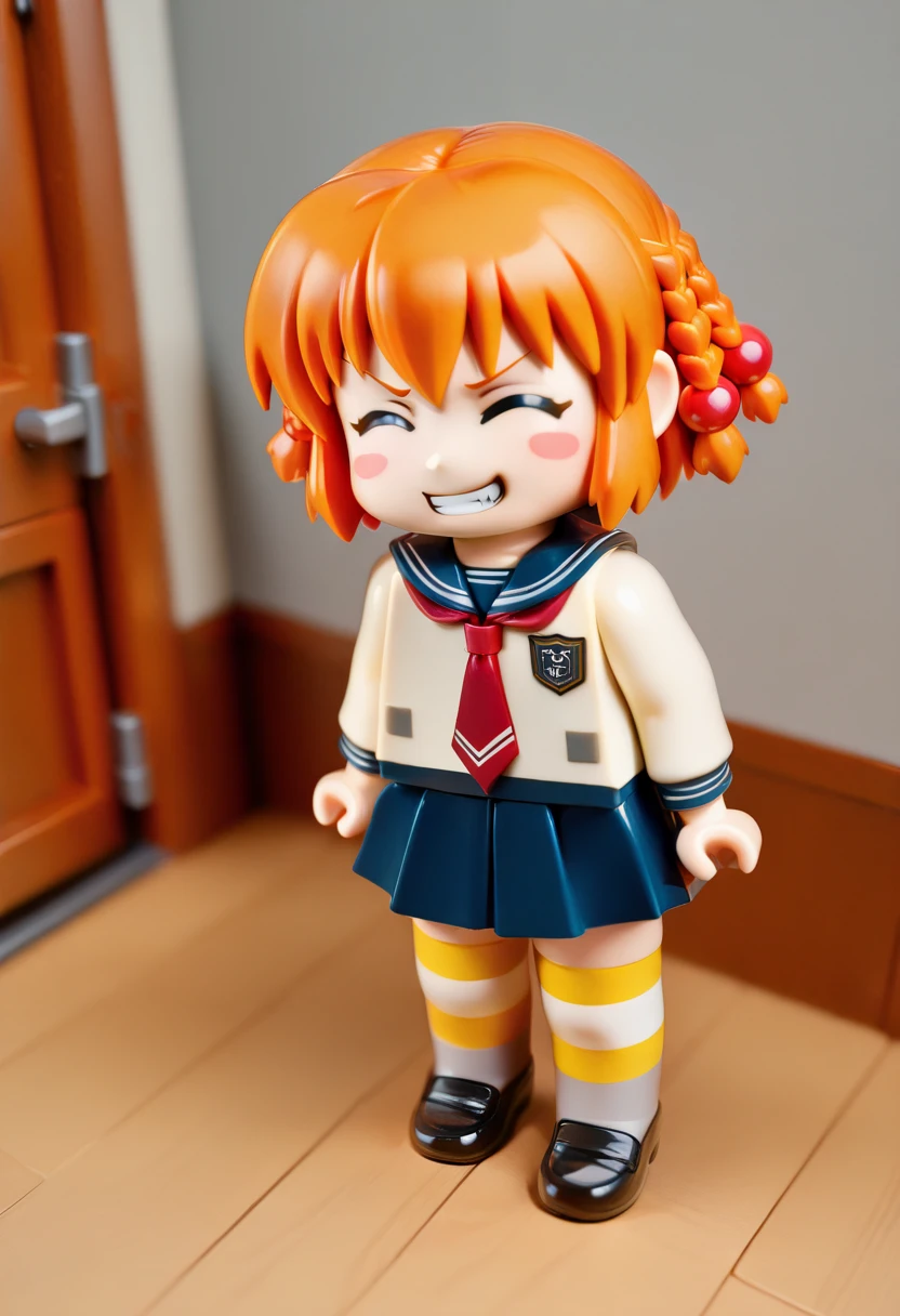 absurdres, highly-detailed, best quality, masterpiece, very aesthetic, amazing quality, 
1girl, solo, chibi, l3g0, k@n1sawa_k1nu, braid, short hair, orange hair, hair bobbles, blush stickers BREAK striped thighhighs, school uniform, serafuku, necktie, skirt, long sleeves, 
^ ^, smug, clenched teeth, looking at viewer, 
standing, full body, dynamic angle, sharp focus <lora:kanisawa kinu v1.0-000013:0.8>  <lora:LEGO_Style_IL:1.5>