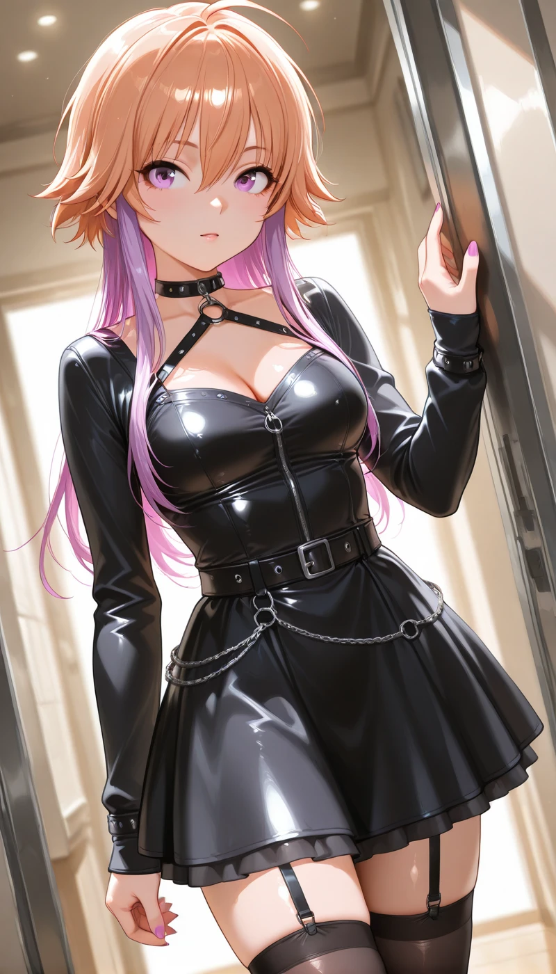 best quality, insanely detailed, nino nakano, black latex swimsuit, breasts, blush, bedroom background, smile, pussy, highleg latex leotard,torn clothes