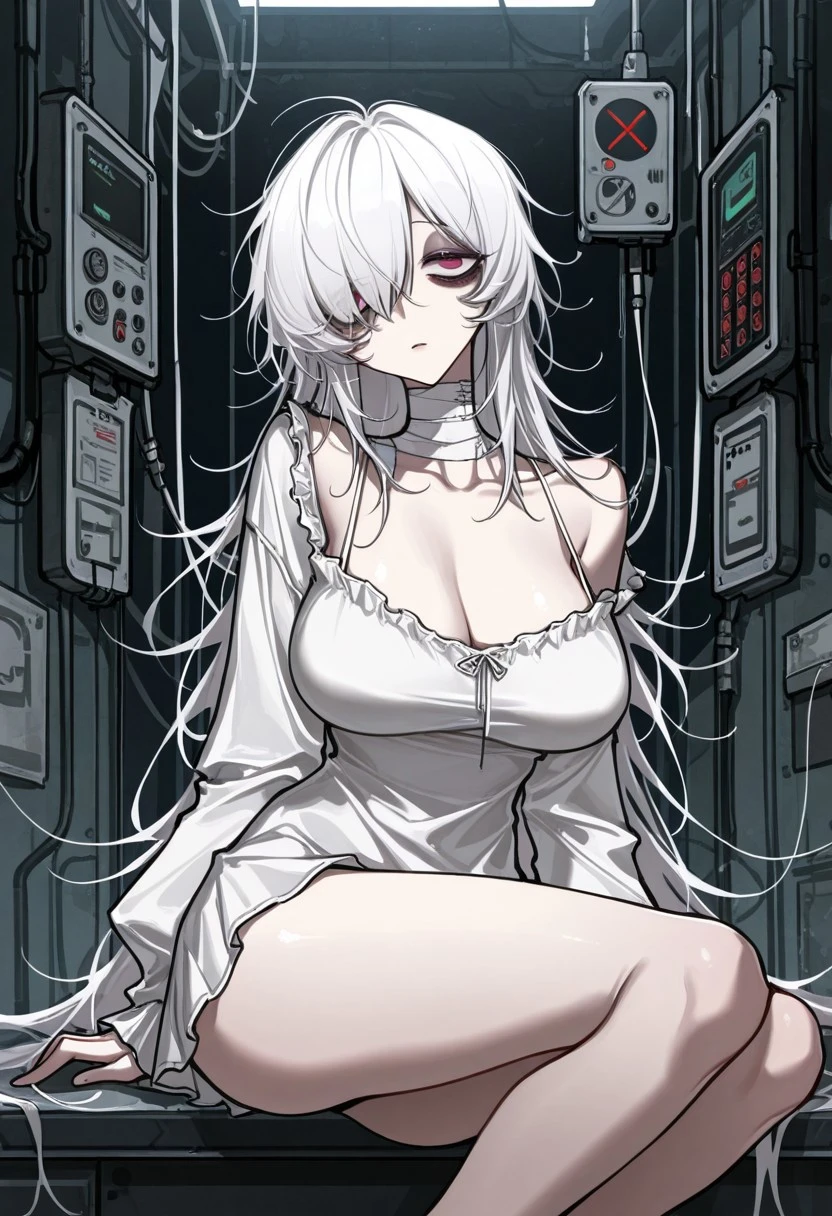 juerucj, solo,1girl, facility, white hair, hair over one eye, pink eyes, red eyes, white clothing, spaghetti_strap, blouse, large breasts, bags under eyes, mascara, bandaged_neck, bare legs, looking at viewer,