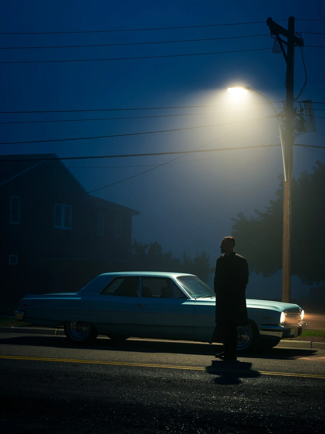 Cinematic photo. A man in a long coat standing next to a vintage car on a foggy street at night, illuminated by a streetlight. The man is silhouetted against the darkness, standing on the right side of the image, facing away from the camera. The car is a classic model, with a sleek design and tinted blue paint. The streetlight casts a soft glow on the man's face and body, creating a mysterious atmosphere. The background features a faint outline of a building and power lines, adding to the sense of depth and dimensionality. The overall mood is eerie and suspenseful.