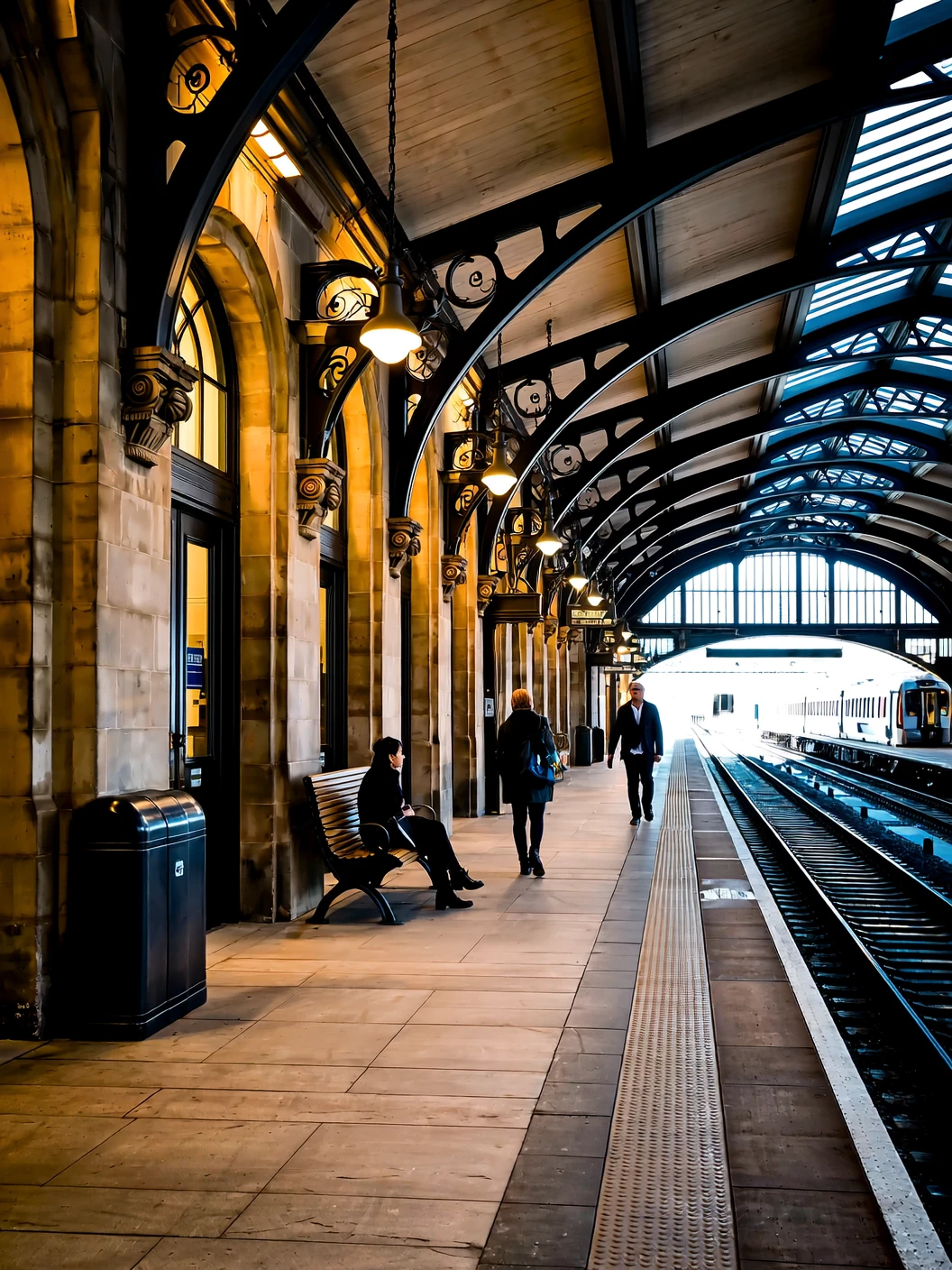 Cinematic photo. A photograph of a train station with two people walking on the platform, one person sitting on a bench, and the other person standing nearby. The station has a rustic, industrial feel with stone walls, arched ceilings, and ornate columns. The lighting is soft and natural, casting shadows and highlighting the details of the architecture. The train is stopped on the right side of the image, and there is a railway track running alongside the platform. The overall mood is somber and contemplative.