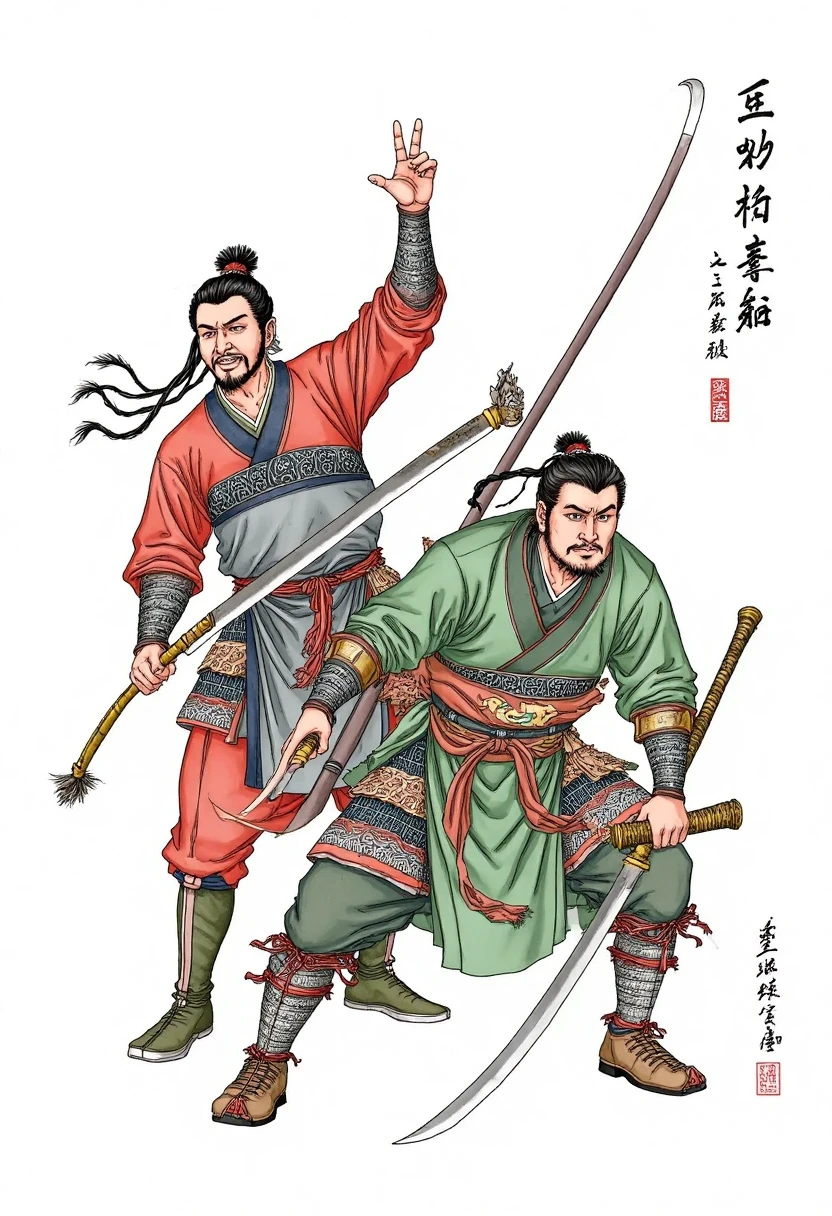 "(Water Margin) Chinese Armor, (Comic) Masterpiece, HD, (Ink, Watercolor), One Man Bending to Pick Up a Broadsword, ((Glasses)), Bearded Warrior in Chinese Armor, Against the Background of Armory, Strong and muscular. "