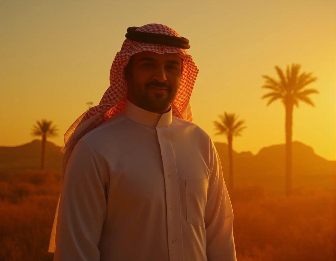 A local Taif farmer wearing traditional Saudi attire, standing proudly in a field of blooming roses with the mountains in the background.