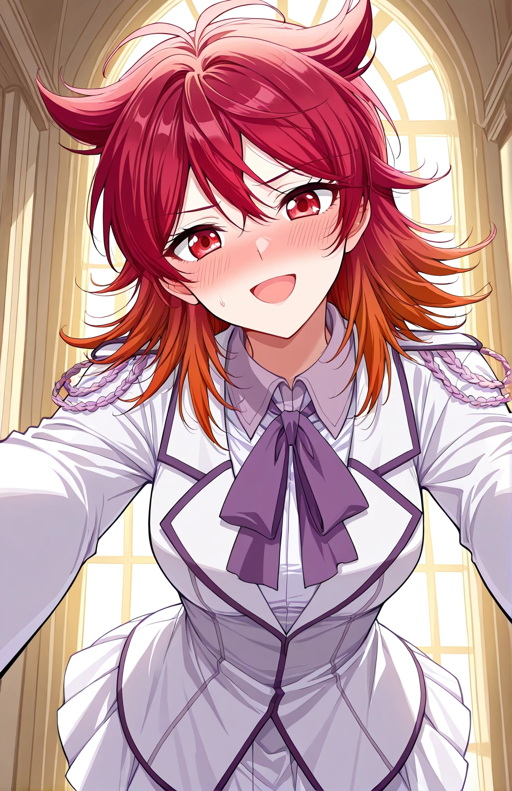 (Masterpiece, Best Quality, High Quality:1.4), professional artwork, Intricate Details, field of view, sharp focus, detailed painting, photorealistic lighting, trending on pixiv, 1girl, (vivid lighting, vibrant colors:1.05), realistic shadows, ambient occlusion,
Marie Mamiya, mature female, milf, solo, (curvy:1.1), luxury room, (half body shot:1.1), looking at viewer,
(red hair:1.05), hair ornament, lipstick, makeup, (mole under eye:0.9), choker, ultra detail hair, ultra detail face, (yellow glowing eyes:1.05), perfect eyes, perfect face, perfect retina, earrings, (seductive look, blush:1.15), happy, smile,
(school_uniform:1.4), choker, necklace, fingernails,
(Large Breasts:1.15)