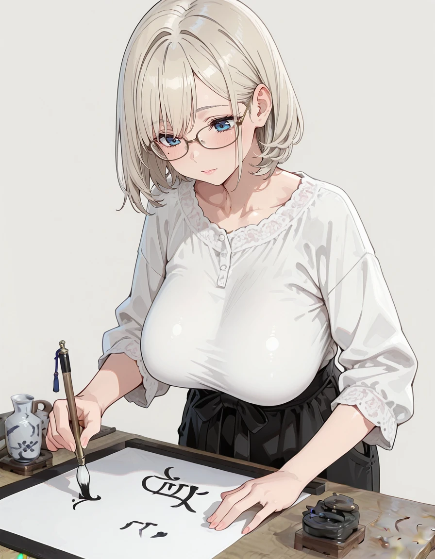 ((monochrome))(Image from chest up:1.4)((masterpiece:1.5,Highest quality,Highly detailed images,Beautiful images、Realistic、Sketch、2.5D、Ink Painting、Portraiture))(1girl, 独奏)(medium breasts, white hair、bob hair)(profile,Gaze straight ahead、Shake your head、A sad expression, floating hair)(Plain background)from side