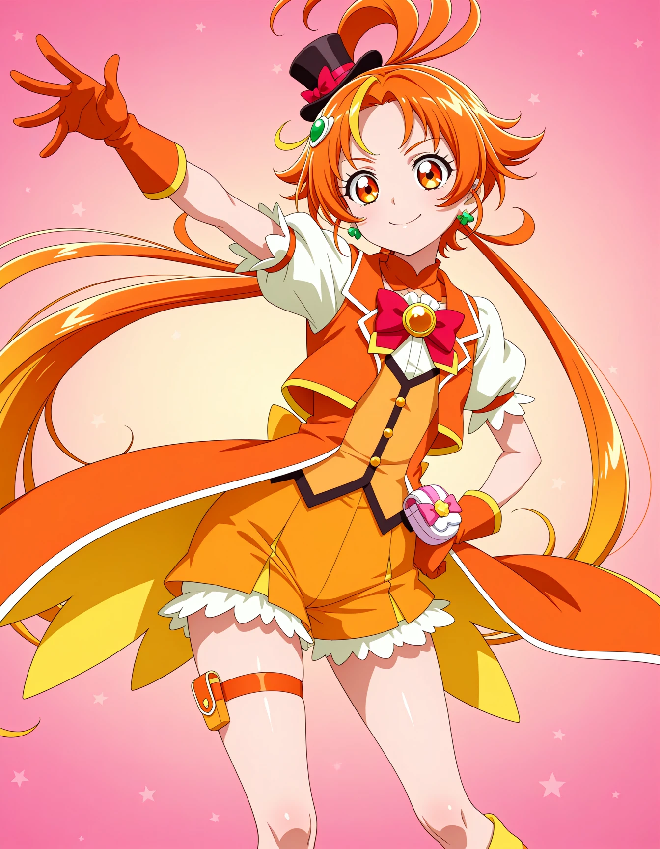 <lora:dmd2-lighting8step_cfg1.5:1>,official style,masterpiece,best quality,newest,very aesthetic,highly detailed,high resolution,absurdres,highres,depth of field,super detailed skin,very awa,Anime,anime coloring,anime screencap,<lora:Cure_Wing__V2:1>,cure wing,solo,orange hair,multicolored hair,ponytail,bow orange eyes,hair ornament,top hat,mini hat,vest,skirt,streaked hair,puffy short sleeves,thigh strap,mini top hat yellow gloves,puffy sleeves,short sleeves,shorts,orange glooves,mini top hat,black headwear,orange shorts,krange gloves,brooch,boots,magical boy,smile,posing,starry_background,