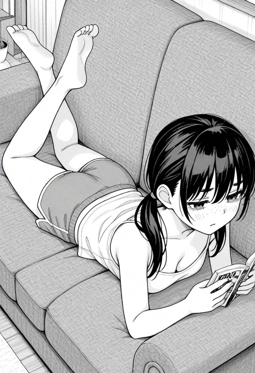 score_9, score_8_up, score_7_up, source manga, highres, 1girl, nayuta csm, black hair, single braid, monochrome, loli_, bottomless,ass, one leg up, tatami mat, indoors, living room, looking at viewer, smile, open mouth, lying on stomach, reading magazine, butt,