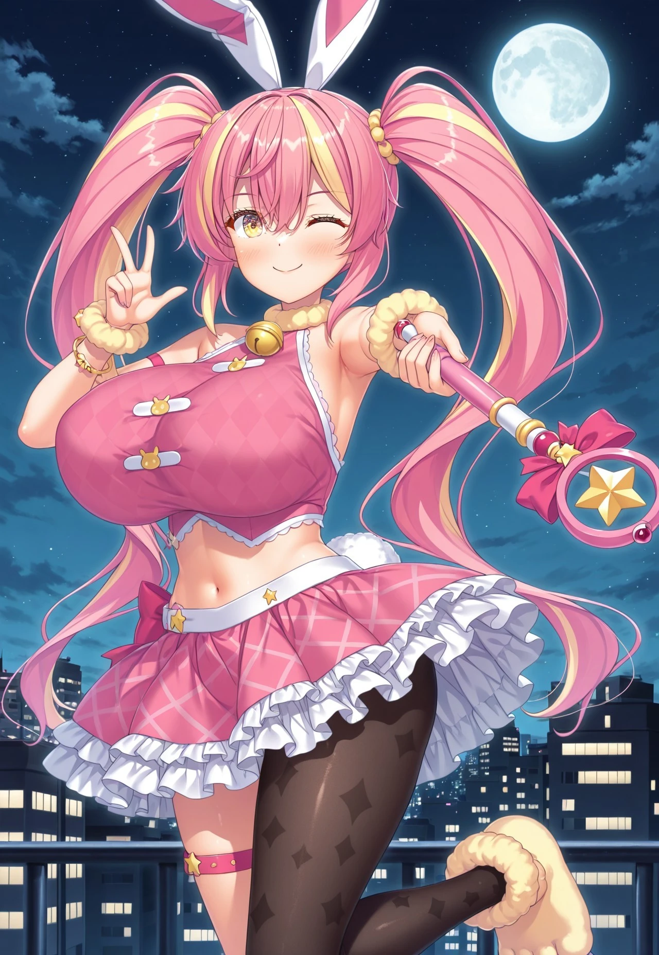 ((Highest quality, High resolution,  Perfect Pixel,  4K)),  (Beautiful Anime), 
Watching the audience, 
Perfect body, 

yuigahama yui, (Big Breasts:1.3)、

Depth of written boundary、

(blush:1.3)、smile、Heart symbol、
Pink Eyes、Shining Eyes、

sailor collar,leotard,bow,
Dynamic Pose、

night、skyscraper、