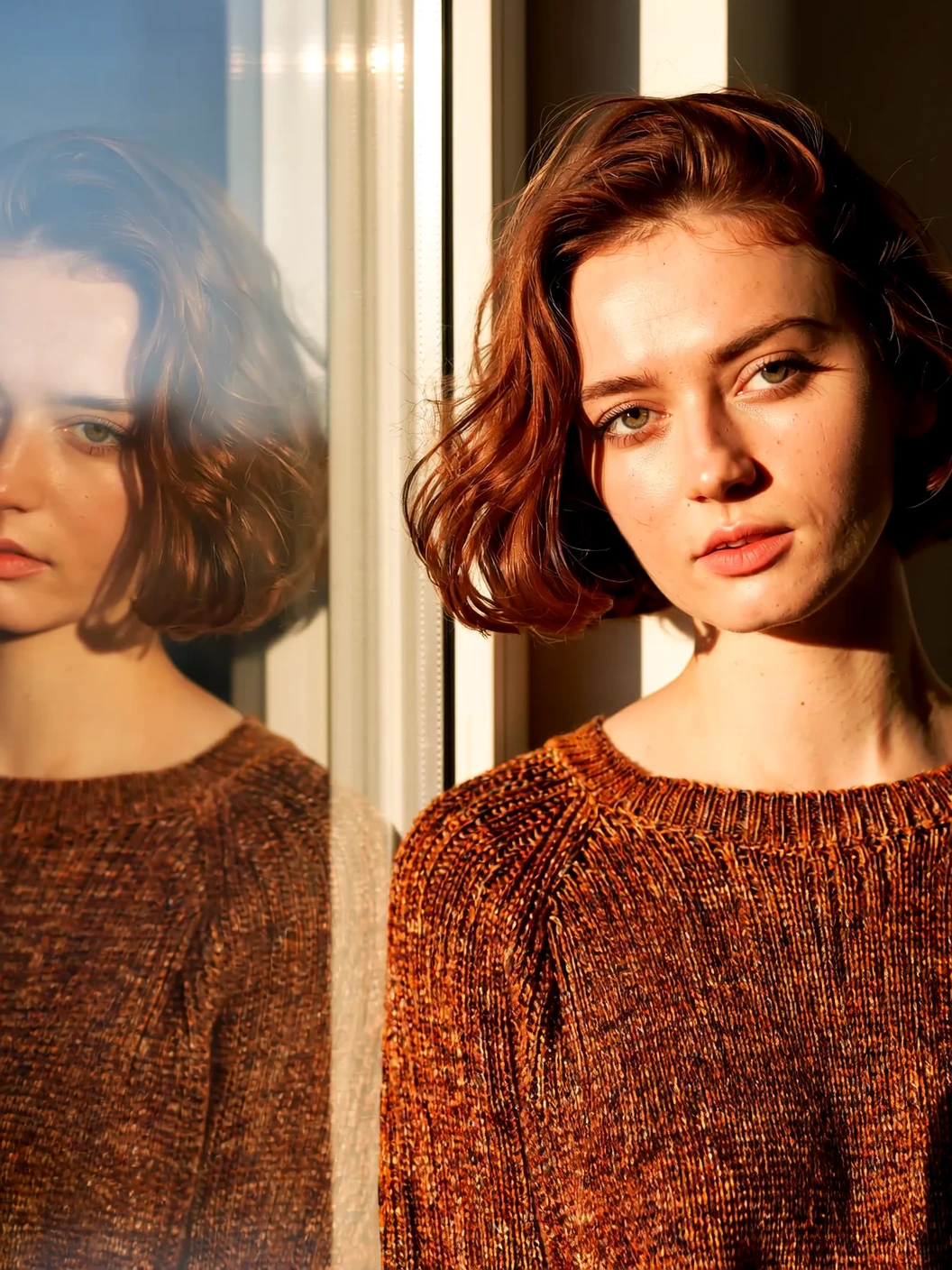 Cinematic photo. Photograph of a young woman with short, wavy, reddish-brown hair and fair skin, wearing a brown, knitted sweater. She is looking directly at the camera with a serious expression. The lighting is soft and warm, casting a warm glow on her face and body. The background is blurred, but it appears to be a window with sunlight streaming in, creating a hazy effect. The woman's reflection is visible on the left side of the image. The overall mood is contemplative and intimate.