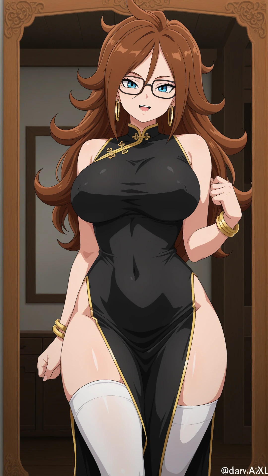 anime coloring, highres, anime screenshot, dramatic lighting, intricate details, masterpiece, best quality, absurdres, depth, ((official style)), A21_XL, 1girl, solo, breasts, looking at viewer, smile, open mouth, large breasts, dress, thighhighs, jewelry, bare shoulders, thighs, earrings, sleeveless, glasses, indoors, black dress, white thighhighs, bracelet, covered nipples, sleeveless dress, covered navel, chinese clothes, china dress, pelvic curtain, curvy, wide hips, black-framed eyewear, curly hair, hoop earrings, narrow waist, jaggy lines, impossible dress, taut dress, standing, teeth, artist name, side slit, mirror, oekaki <lora:android_21-15:0.9>