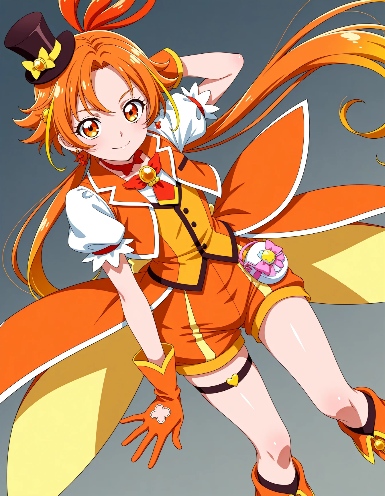<lora:dmd2-lighting8step_cfg1.5:1>,official style,masterpiece,best quality,newest,very aesthetic,highly detailed,high resolution,absurdres,highres,depth of field,super detailed skin,very awa,Anime,anime coloring,anime screencap,<lora:Cure_Wing__V2:1>,cure wing,solo,orange hair,multicolored hair,ponytail,bow orange eyes,hair ornament,top hat,mini hat,vest,skirt,streaked hair,puffy short sleeves,thigh strap,mini top hat yellow gloves,puffy sleeves,short sleeves,shorts,orange glooves,mini top hat,black headwear,orange shorts,krange gloves,brooch,boots,magical boy,rainbow_background,smile,posing,