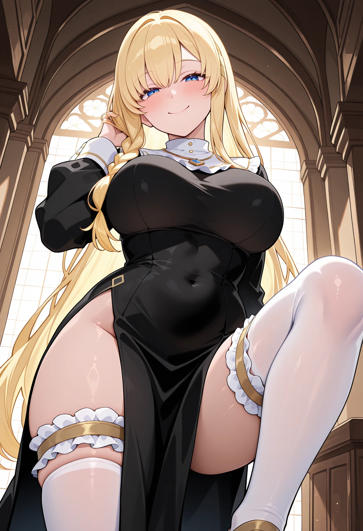 masterpiece, best quality, 1girl, thighighs, maid, white legwear, blonde hair, pink eyes, voluptuous, maid outfit, black blotches, huge breasts, nipples, solo, photorealistic, pov, lying, ahegao, smile