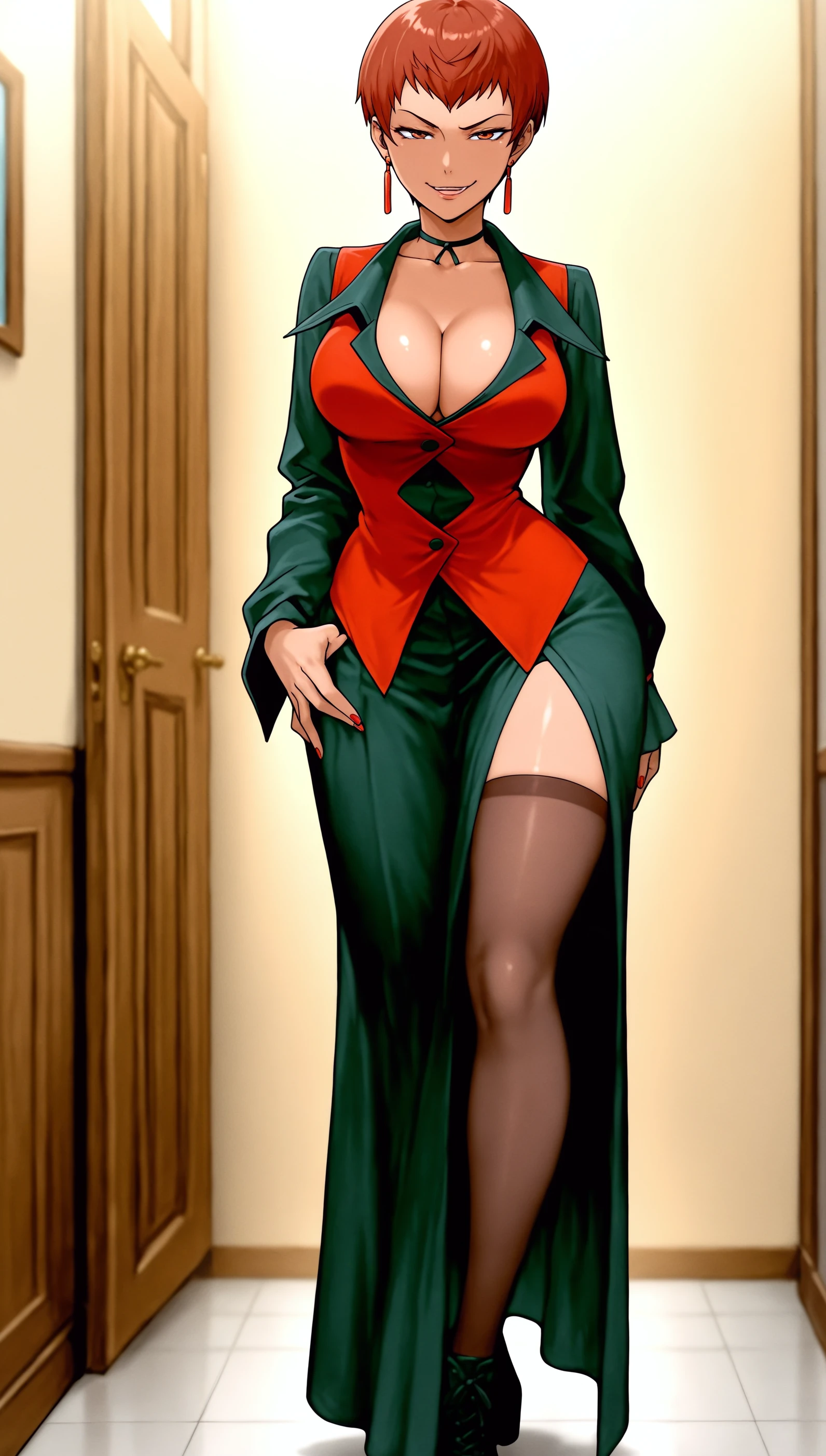 (Masterpiece), Best Quality, ultra-detailed, 1girl ( anosillus II, Slender and sexy body, Big and pretty breasts, naked body, dark green hair, brown eyes, half-closed eyes, spectacles), a come-hither face, parted lips, solo, nose blush, blush, facing viewer, looking at viewer, bathrobe(open), undress, nipples, in the bedroom, night time, standing, Sexy waist teasing, a provocative pose, undressing, Full-body