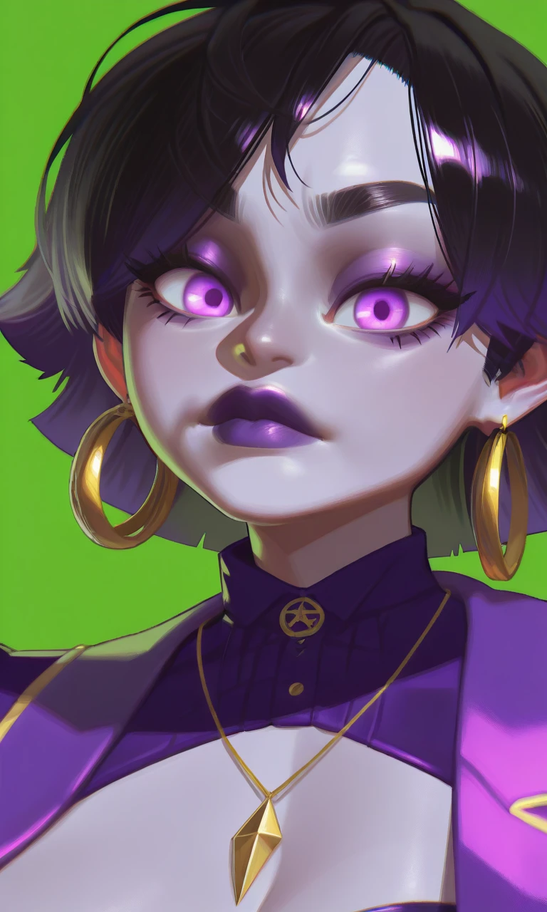 masterpiece, very aesthetic, best quality, newest, absurdres, highres, very awa, long eyelashes, (masterpiece, best quality, very aesthetic, absurdres, ultra-detailed, 8k), detailed face, detailed eyes, intricate details, 2d:2.5, reagan long, drunkoak, gloss \(hotglossed\), 3gs,
Sonikku /(SonicFreak)/, Sonikku_SNC_FK, 1girl, hoop earrings, jewelry, short hair, green background, purple lips, purple eyes, makeup, black hair, looking at viewer, simple background, lipstick, portrait, necklace, closed mouth, eyeshadow
<lora:Sonikku_SonicFreak_Sonikku_SNC_FK:1>