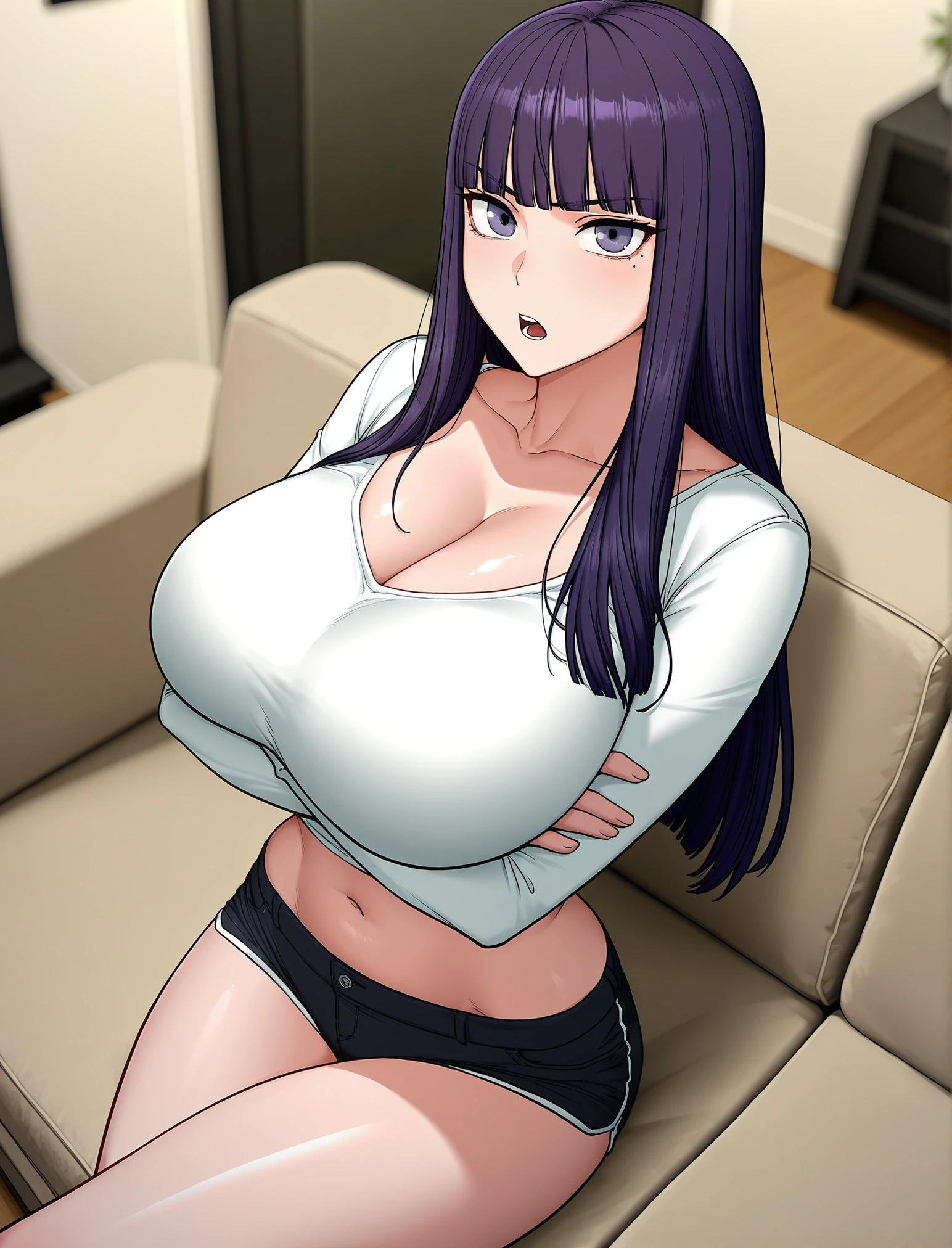 A sexy girl with a huge chest, her long dark violet hair, tight-fitting, a single purple eye, wears a light blue blouse, buttons, short sleeves, navel, arm, nets, and her short blue skirt between her legs, net socks, long, and styled in ninjas. 