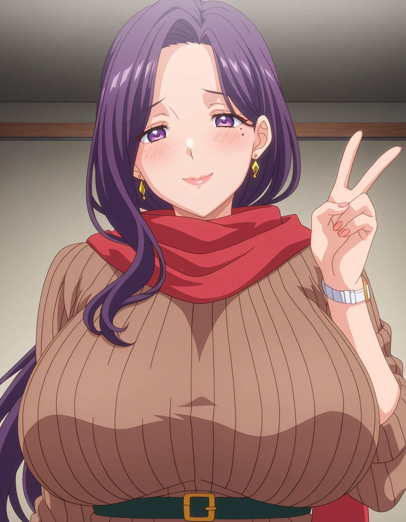 masterpiece,good quality,best quality,shadow,1girl,solo,mature female,hidaka arisa,violet hair,purple eyes,mole under eye,diamond earrings,brown sweater dress,red shoulder scarf,tie belt,white watch,huge breasts,anime screencap,anime style,anime coloring,5 fingers,lazypos v2,lazynsfw,looking at viewer,<lora:Arisa_Hidaka_Kanochi_x_Netorare_Kazoku_OVA:1>,standing,<lora:anime_screencap-IllustriousV2:1>,closeup,v sign,portrait,smile,thick lips,ponytail,