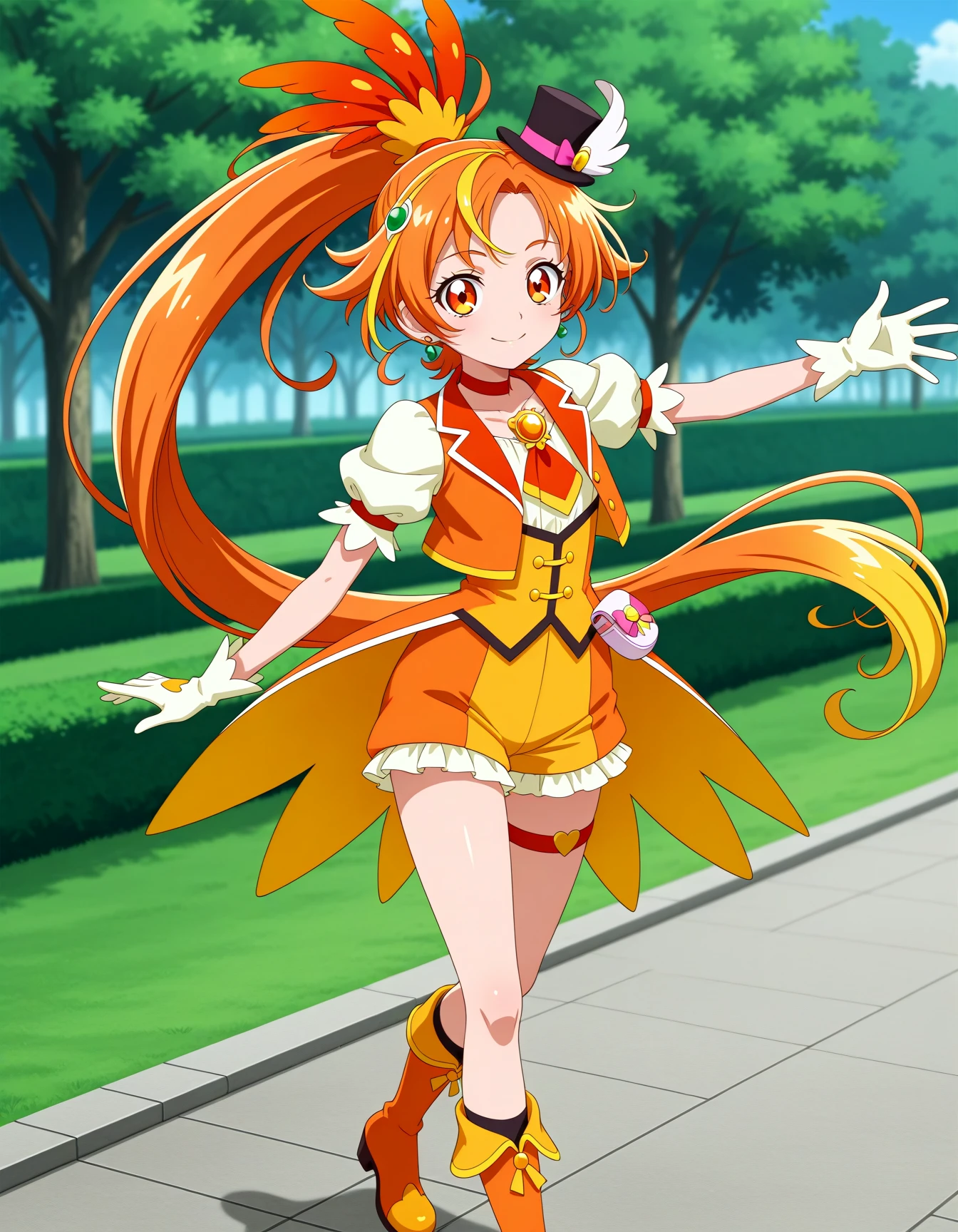 <lora:dmd2-lighting8step_cfg1.5:1>,official style,masterpiece,best quality,newest,very aesthetic,highly detailed,high resolution,absurdres,highres,depth of field,super detailed skin,very awa,Anime,anime coloring,anime screencap,<lora:Cure_Wing__V2:1>,cure wing,solo,orange hair,multicolored hair,ponytail,bow orange eyes,hair ornament,top hat,mini hat,vest,skirt,streaked hair,puffy short sleeves,thigh strap,mini top hat yellow gloves,puffy sleeves,short sleeves,shorts,orange glooves,mini top hat,black headwear,orange shorts,krange gloves,brooch,boots,magical boy,smile,park,posing,