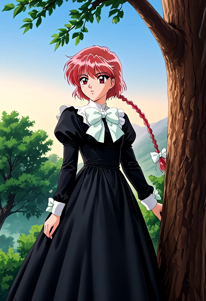 Vibrant colors, Detailed line drawing, Ornate frame, Dynamic composition, Retro style, 90s style, Magic knight rayearth, Clip art style, Solo, Upper body, [hikaru shidou] 1 girl, Pretty face, Short hair, Red hair, Pink highlights in hair, 1 braid, Very long braid, Red eyes, Slender body, Medium breasts, Bow, (Long sleeves, Bow tie, Juliet sleeves, Puff sleeves, Black dress, Dress), Looking right, Leaning on tree, Sakura tree, Sky