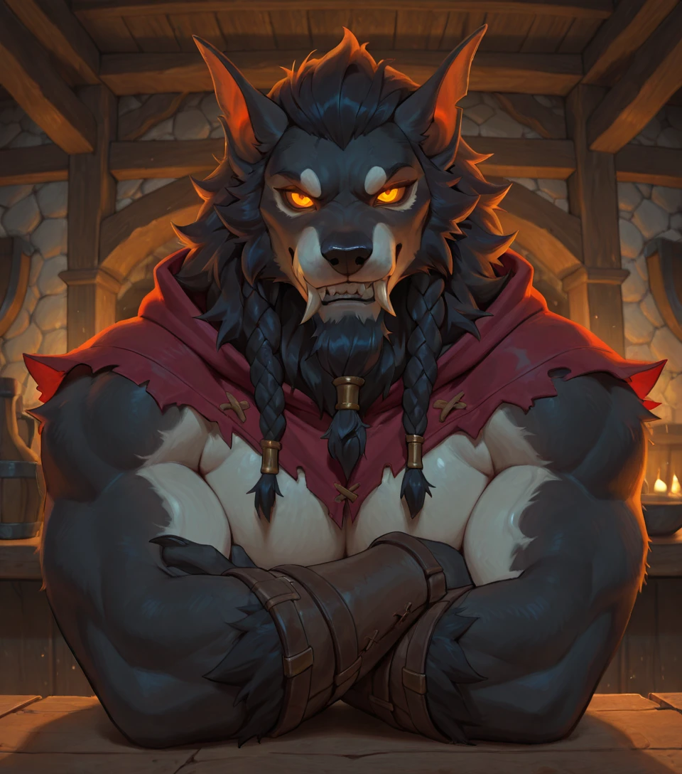 masterpiece, best quality, perfect quality, very awa, absurdres, newest, very aesthetic, absolutely eye-catching, intricate details, solo, 
close up,  arms crossed, clothes, hood, head tilted, looking at viewer, judging viewer, tavern, tavern background, 
w0rgen, muscular, sharp teeth, fangs,  fur, hair, mane, glowing eyes, braid, beard,
<lora:Worgen for Illustrious:0.75>
