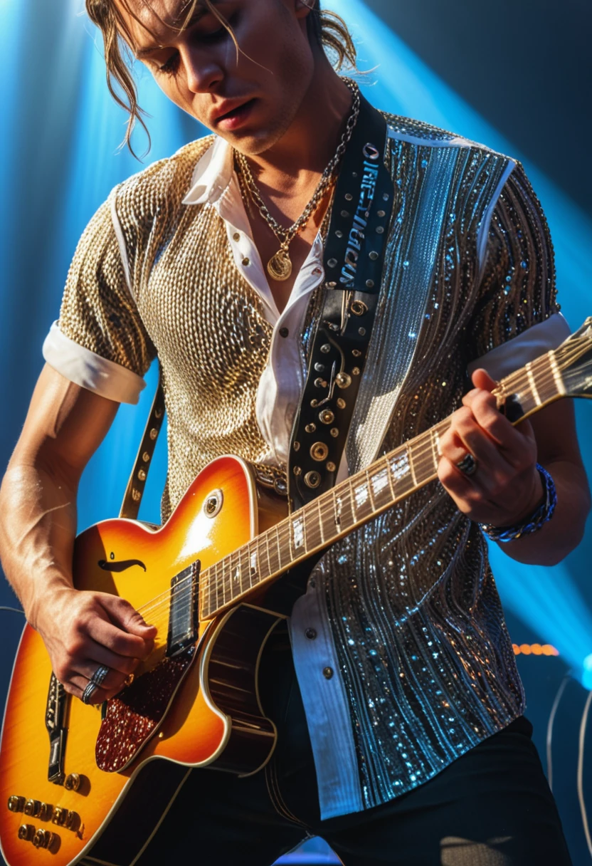 score_9, score_8_up, score_7_up, close-up of a musician playing guitar, {focus on face and hands:1.2), on stage with bright lights, wearing a chain shirt, high-resolution, dramatic lighting, 8K UHD, highly detailed strings and skin, masterpiece, best quality, ultra detailed, photorealistic performance vibe.