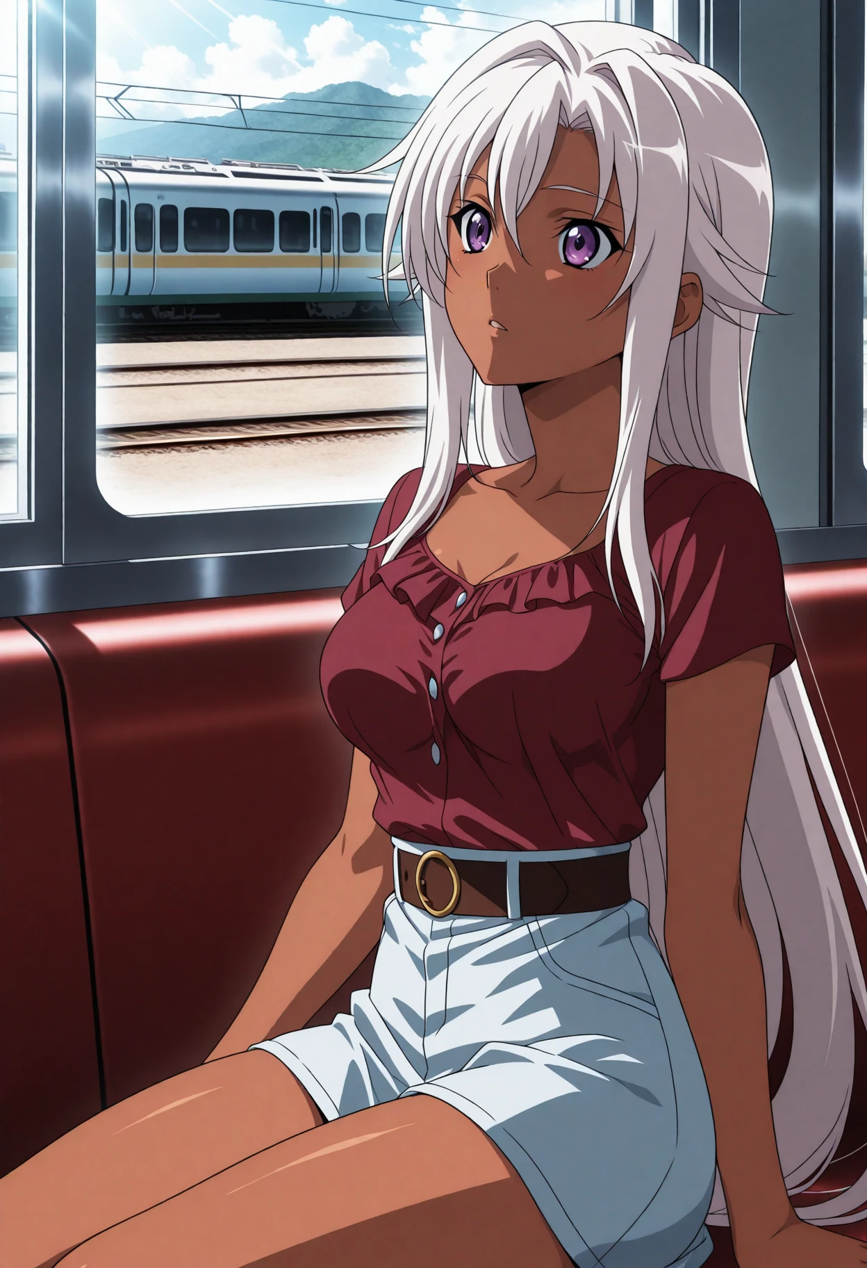<lora:AnimeChar_8 - [Anime Custom Char] - IllustriousXL v1:1> sysdeep_AnimeChar_8, 1girl, solo, long hair, purple eyes, dark-skinned female, , very long hair, white hair, hair intakes, straight hair, Train compartment, casual outfit, sitting by the window, soft sunlight, anime coloring