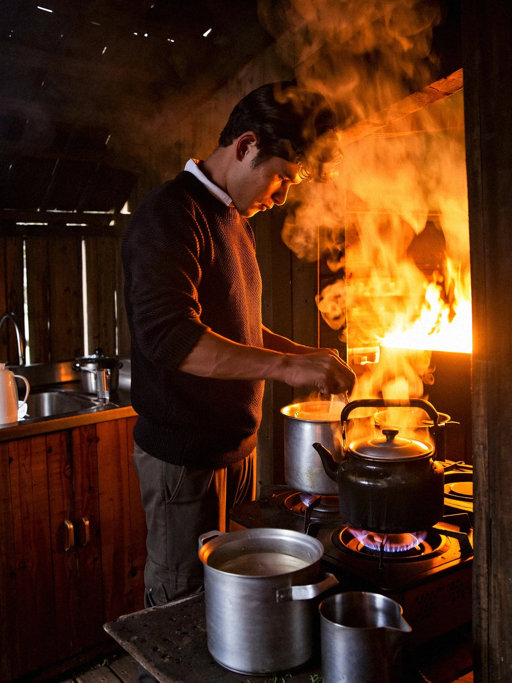 A photograph taken from a low angle, capturing a man preparing food in a dimly lit kitchen with smoke rising from the stove. the man, who appears to be in his late teens or early twenties, is standing in the doorway of a shack, casting a warm glow on his face and body. he is wearing a dark sweater and has a serious expression as he prepares a meal. on the stove in front of him, there are several pots and a jug, and a glass is placed nearby. smoke is rising from one of the pots, creating a smoky atmosphere. the background shows the shack's wooden walls and a fire burning brightly in the background. the lighting is dramatic, with the warm glow casting shadows on the man and the surrounding area.
1boy, solo, black hair, food, indoors, cup, water, mug, stove, kettle, cooking, smoke, pot, kettle on fire, tea pot, cooking over fire
camera_angle: from below, art_style: photo realistic, location: shack, background: Smoky atmosphere with fire and smoke, text: NA, distance_to_camera: upper body, clothing: dark sweater, image_composition: left, pants: NA;NA, accessory: SA, shoes: N/A, action: preparing food;cooking, facing_direction: facing away;facing away, eye_direction : NA;na, facial_expression: serious