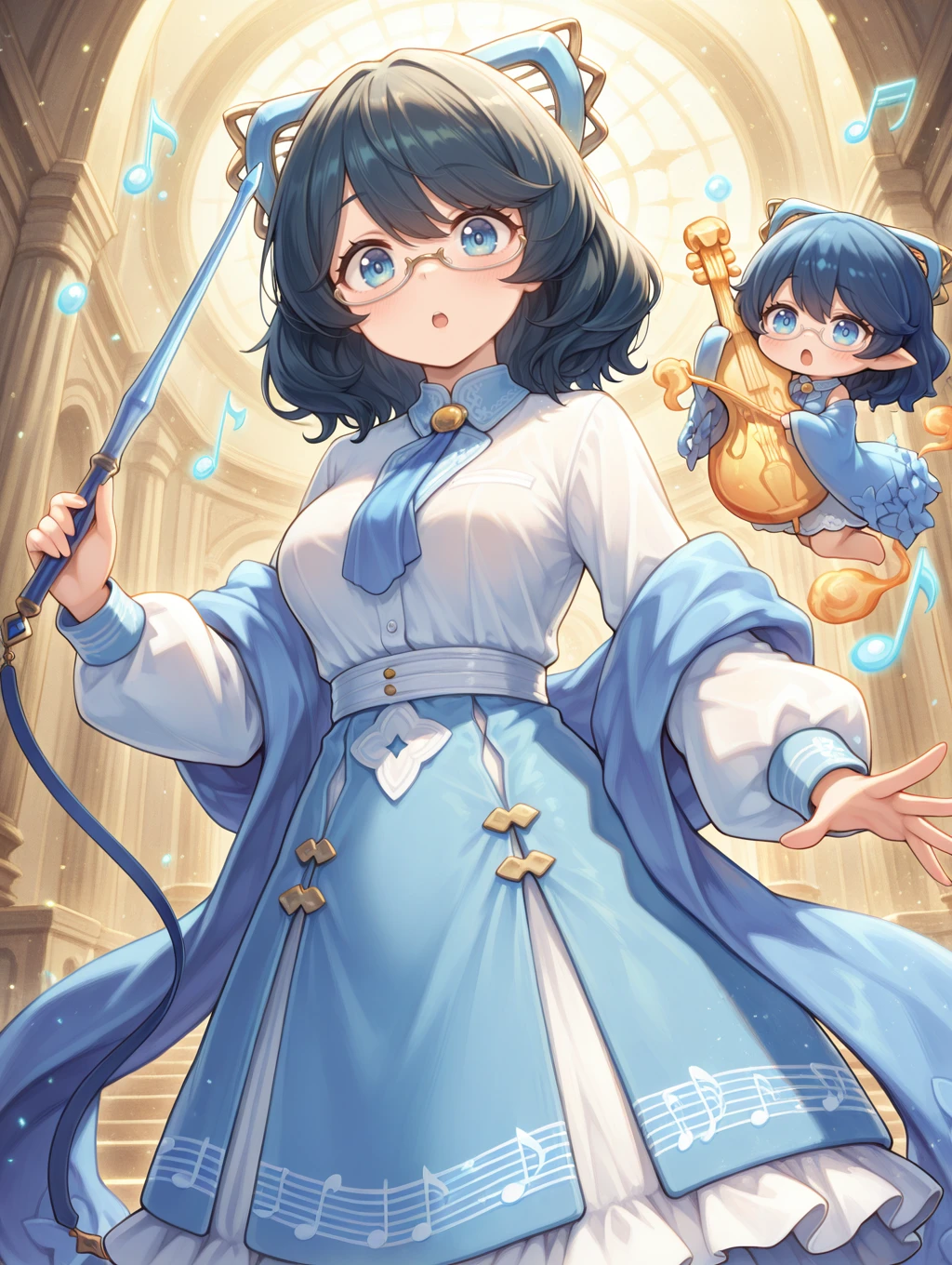 2girls,musical note,looking at viewer,open mouth,:o,chibi,eighth note,blush,medium breasts,music,beamed eighth notes,misolfachord eliteia,hair ornament,white under-rim eyewear,blue necktie,blue shawl,white collared shirt,blue sleeveless dress,holding baton,conductor baton,Eliteiach,minigirl,barefoot,floating,holding violin,violin,blue japanese clothes,playing instrument,
masterpiece,best quality,amazing quality,very aesthetic,absurdres,newest,scenery,extreme detail,8k,light particles,soft lighting,volumetric lighting,intricate details,finely detailed,<lora:MiSolfachord Eliteia illusXL v1:0.73>,