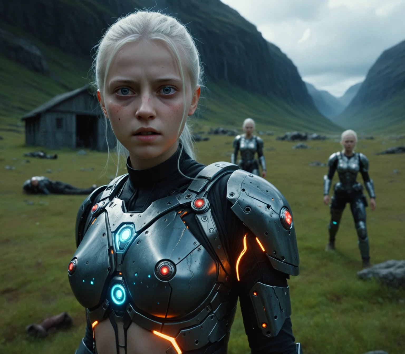 (Auteur Film style:1.5), (cinematic masterpiece), High Fantasy, hyper-realistic, cinematic color grading, fine details, vivid colors, A wild looking (19 year old Nordic girl), a cyborg medic saving lives on the battlefield, a virtual reality world becomes the new reality, Highly detailed background, creative composition, intricate details, epic, movie still