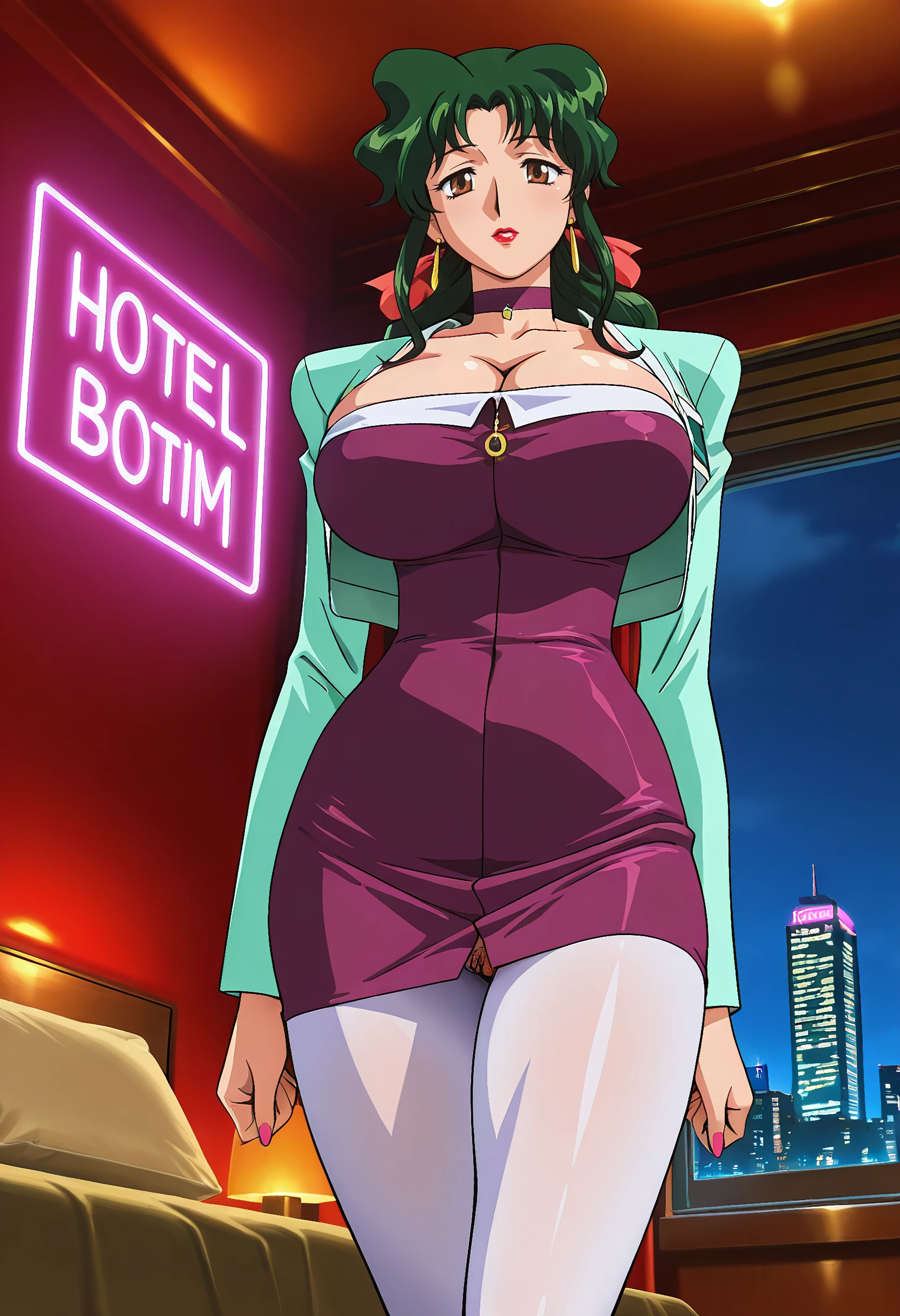 best quality,1girl,solo,(dark brown skin:1),black hair,curly hair,(shaggy cut),(pink headband),pale blue work clothes,((mechanic's Clothes)),army jacket,brawny body,stocky jaw,revealing neckline,Cleavage,collarbone,smile,super shiny skin,Ultra Glossy Skin,hyper huge breasts, wide hips, huge ass, huge round ass, thick thighs, tall girl, burly girl, full body view, thick lips,standing against the wall,indoor, robot hangar background
