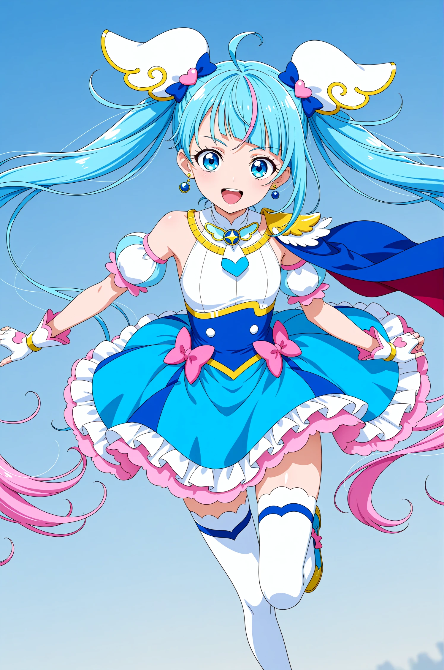 <lora:dmd2-lighting8step_cfg1.5:1>,official style,masterpiece,best quality,newest,very aesthetic,highly detailed,high resolution,absurdres,highres,depth of field,super detailed skin,very awa,Anime,anime coloring,anime screencap,<lora:Cure_Sky__V1.1:1>,cure sky,solo,blue eyes,blue hair,pink hair,long hair,very long hair,twintails,streaked hair,ahoge,multicolored hair,cut bangs,gradient hair,wing hair ornament,single sidelock,magical girl,earrings,single earring,wing brooch,brooch,jewelry,asymmetrical clothes,detached sleeves,bow,pink bow,two-sided fabric,two-sided cape,blue cape,red cape,cape,dress,blue dress,skirt,frills,white gloves,puffy detached sleeves,sleeveless,fingerless gloves,thighhighs,white thighhighs,sky background,flying,smile,open mouth,